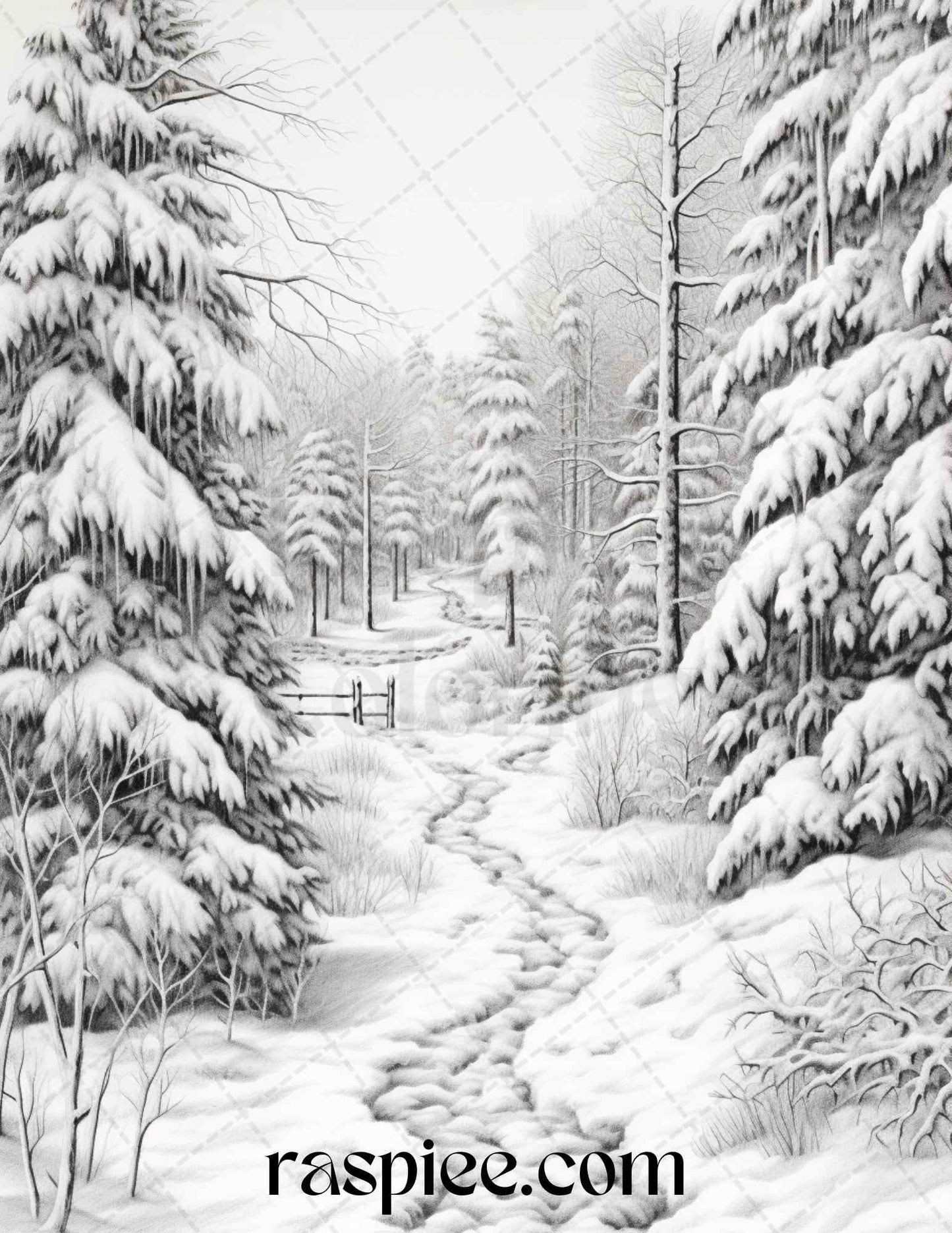 Winter Scenery Grayscale Coloring Pages Printable, Relaxing Snowy Landscapes, PDF File Instant Download