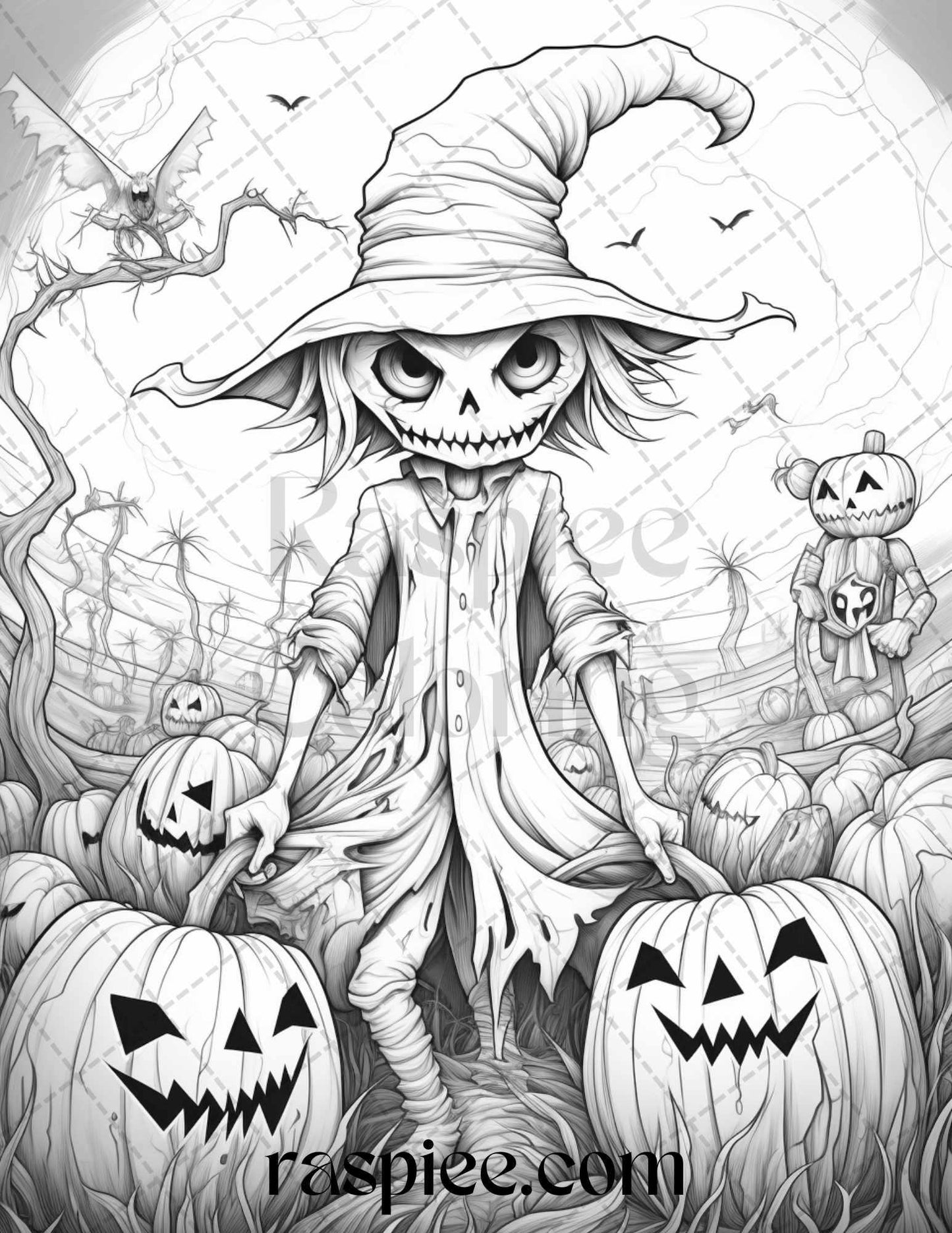 50 Halloween Scarecrows Grayscale Coloring Pages Printable for Adults, PDF File Instant Download