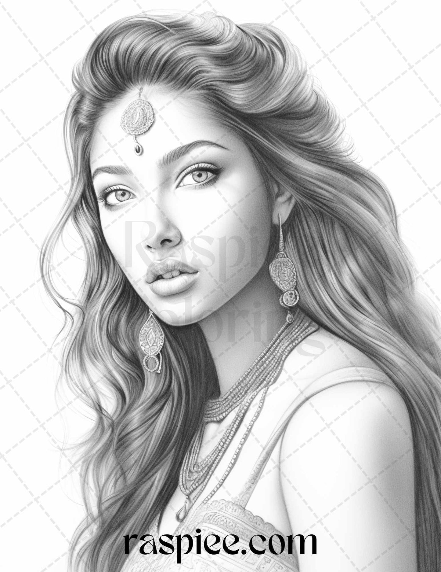 50 Beautiful Indian Women Grayscale Coloring Pages for Adults, Printable PDF File Instant Download