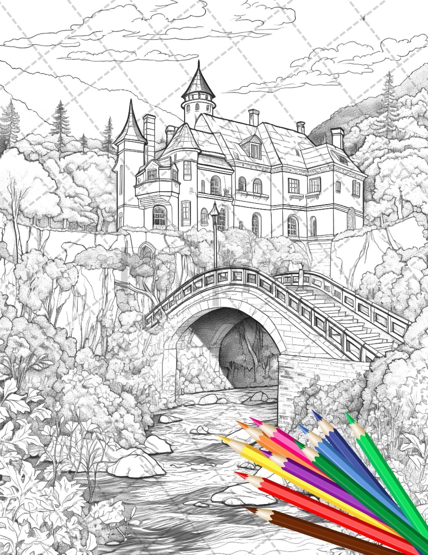 122 Fantasy Castles Coloring Book for Adults, Grayscale Coloring Page, Printable PDF Instant Download
