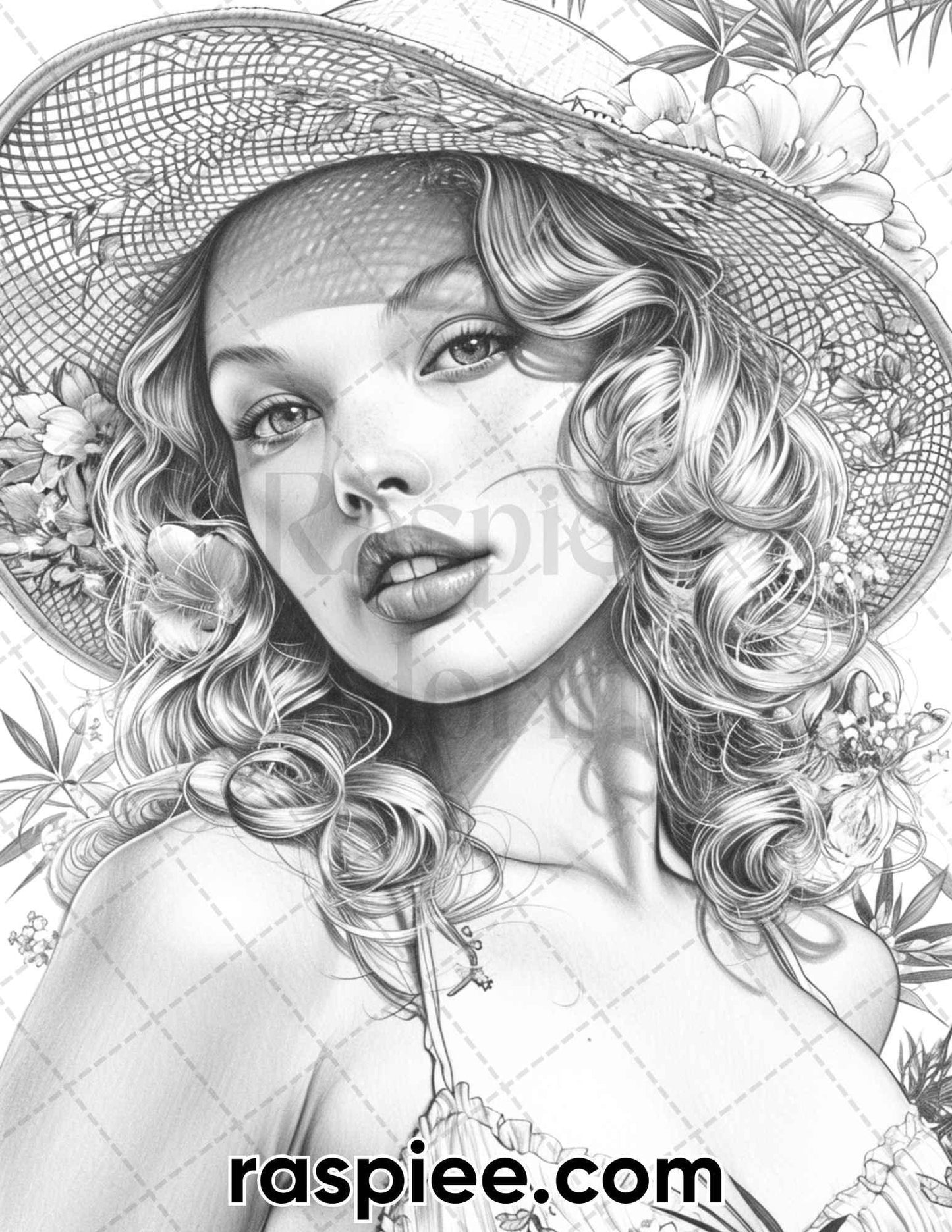 50 Vintage Spring Pin Up Girls Grayscale Adult Coloring Pages, Printable PDF Instant Download