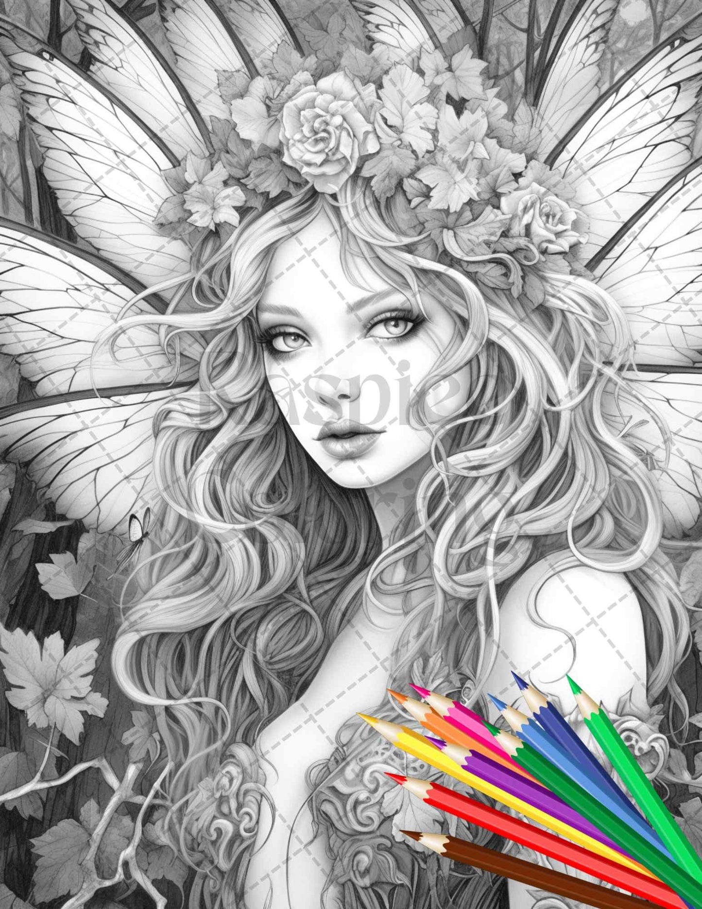Beautiful Dark Fairy Grayscale Coloring Pages Printable for Adults, PDF File Instant Download