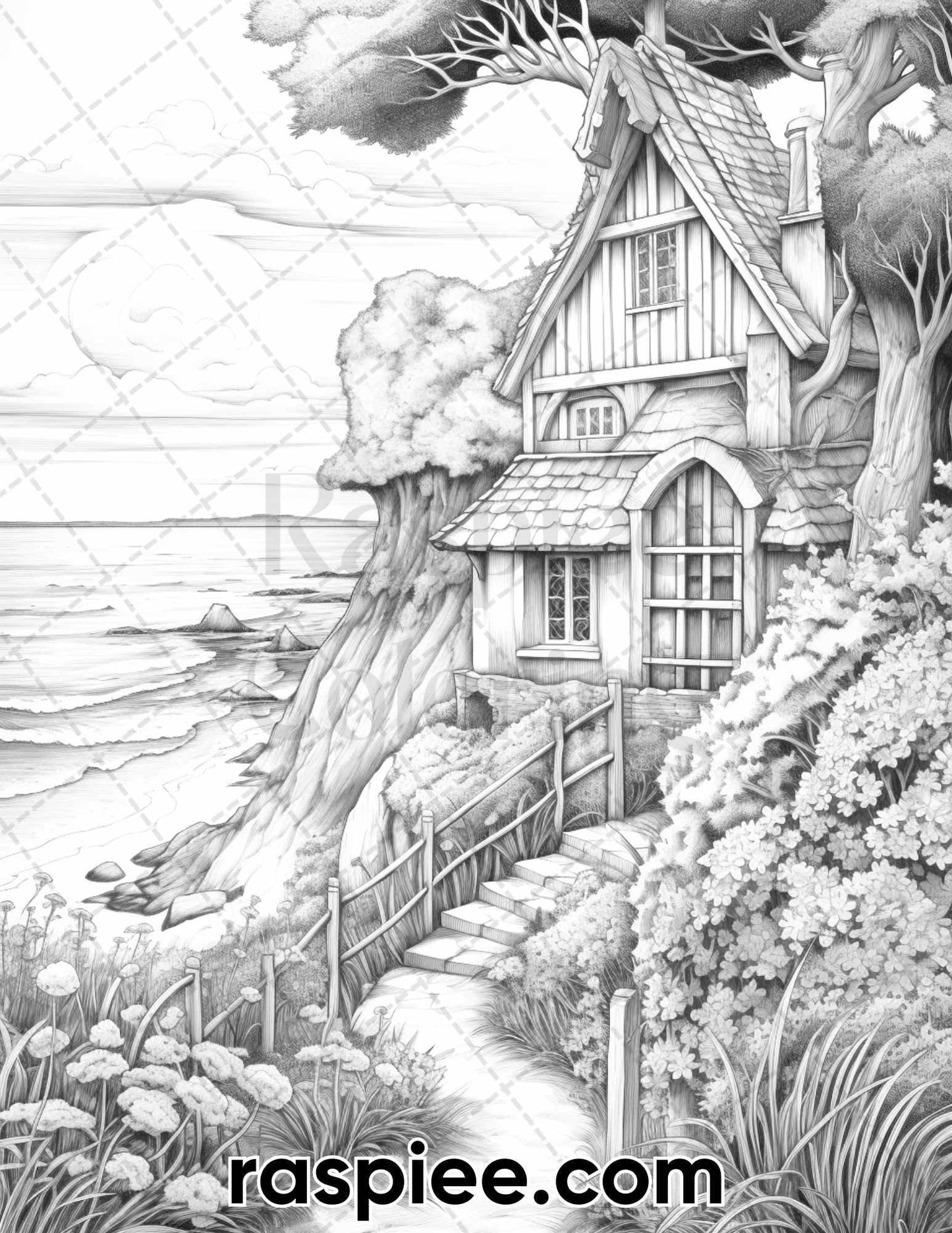 50 Fairy Beach Houses Grayscale Coloring Pages for Adults, Printable PDF Instant Download