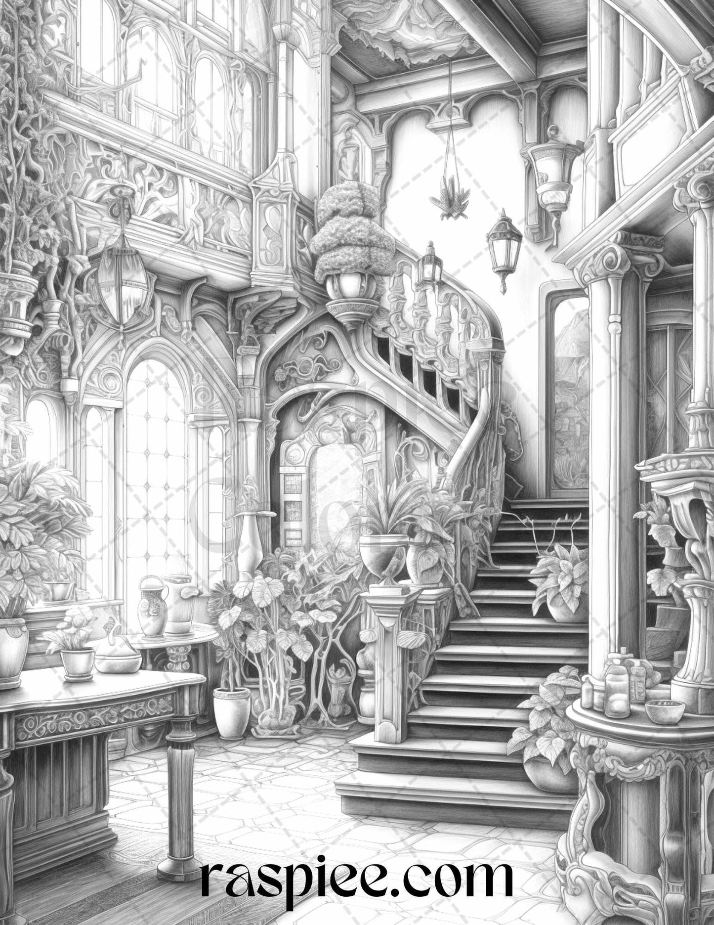 Fantasy Interior Grayscale Coloring Pages for Adults, Printable PDF File Instant Download