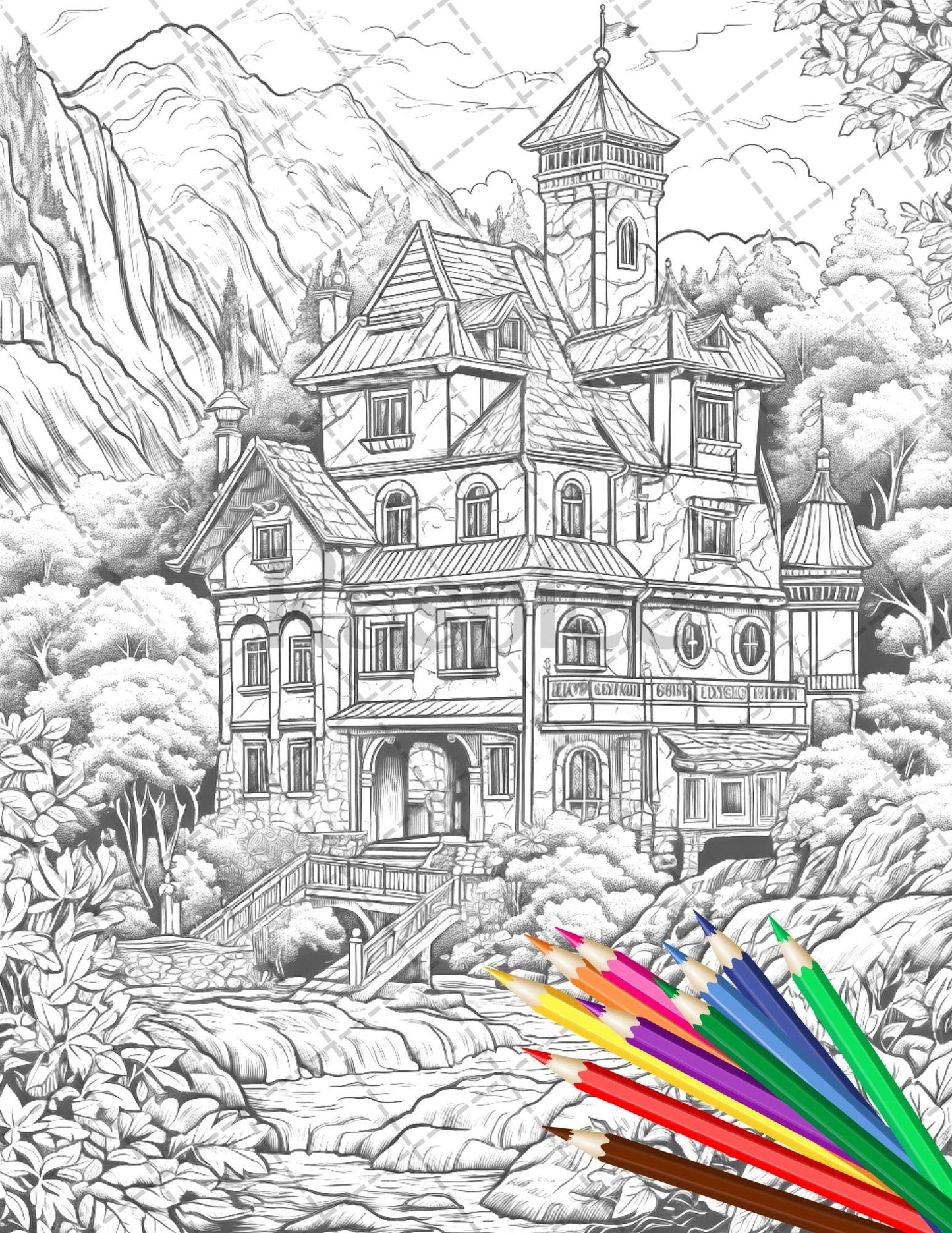 122 Fantasy Castles Coloring Book for Adults, Grayscale Coloring Page, Printable PDF Instant Download