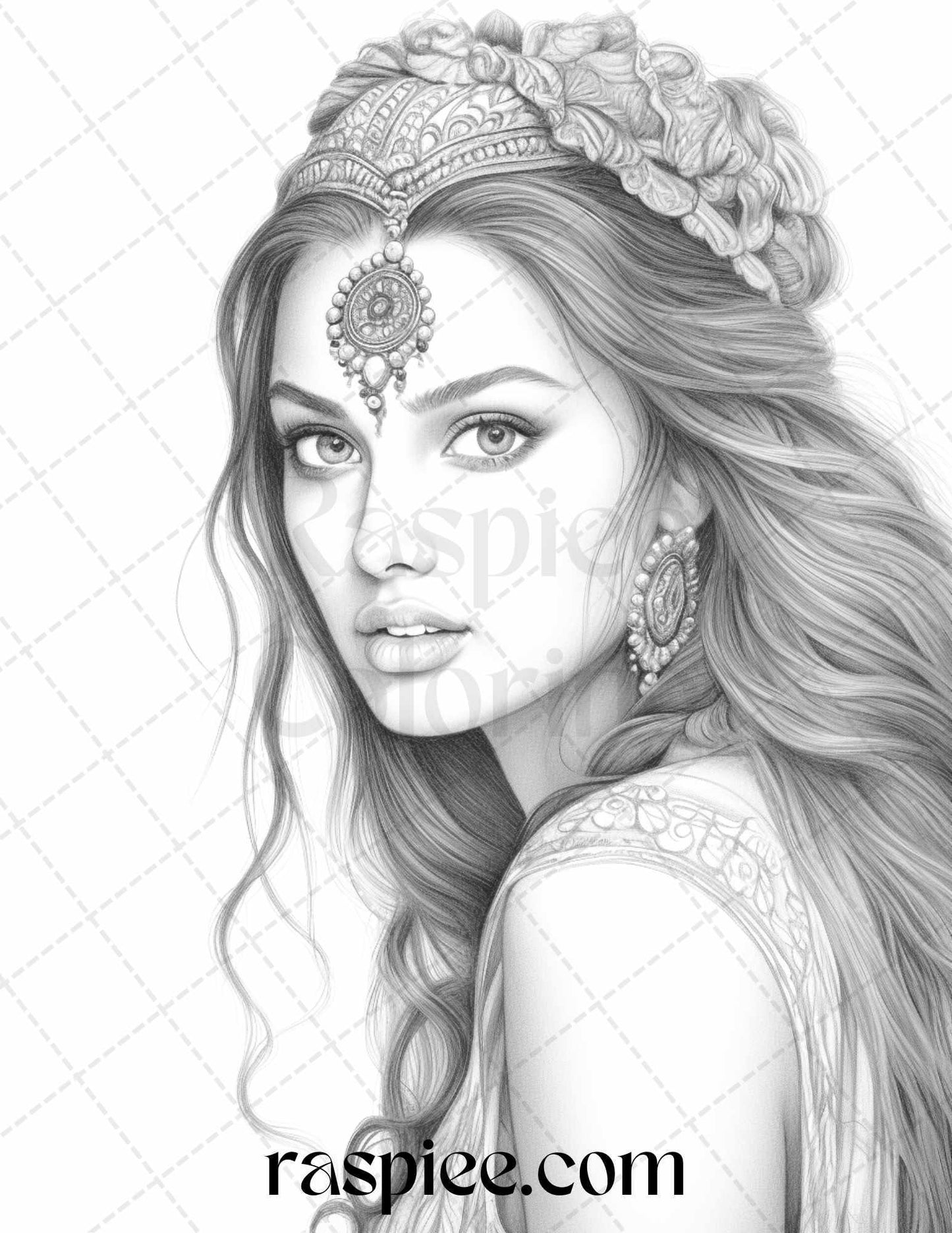 50 Beautiful Indian Women Grayscale Coloring Pages for Adults, Printable PDF File Instant Download