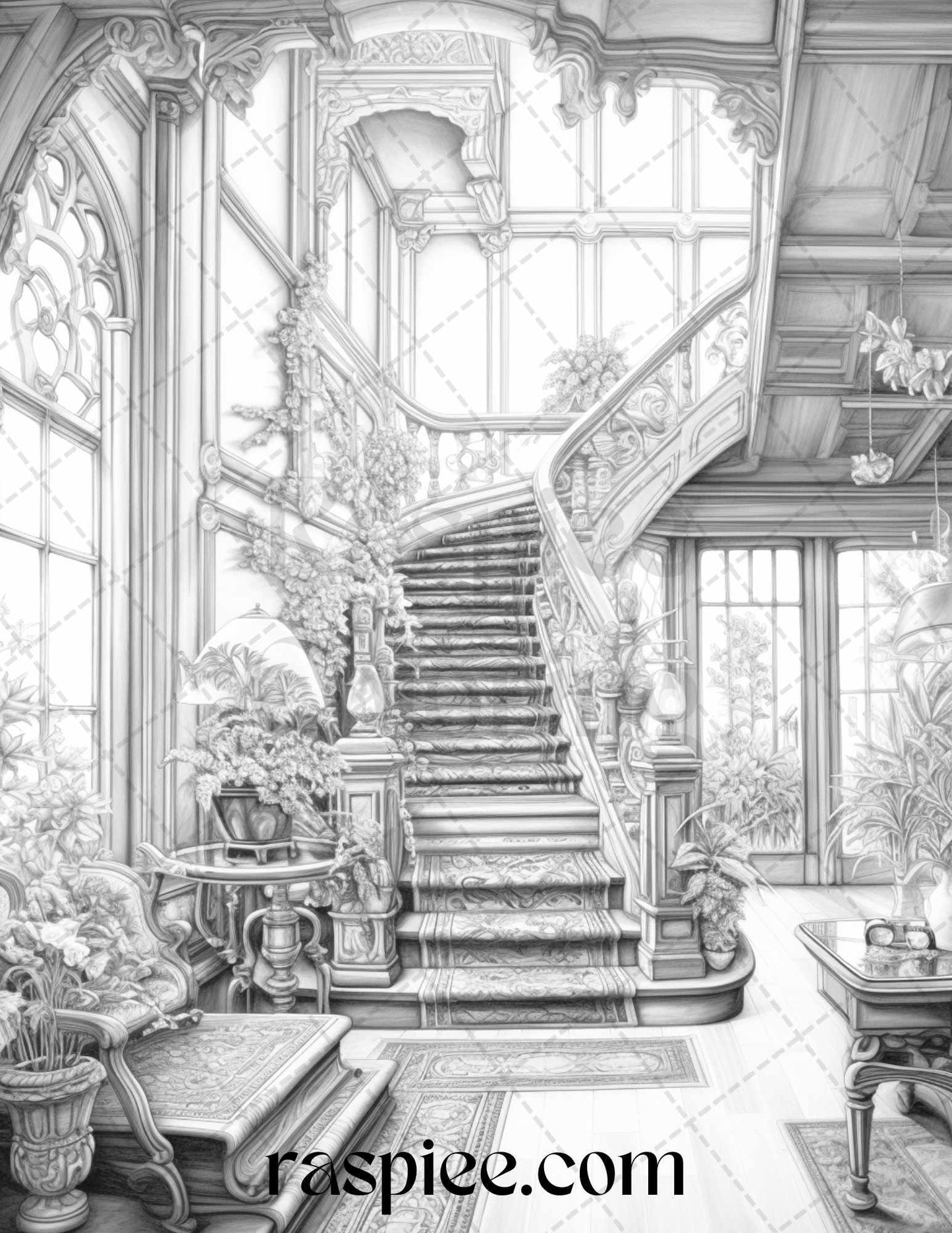 Fantasy Interior Grayscale Coloring Pages for Adults, Printable PDF File Instant Download