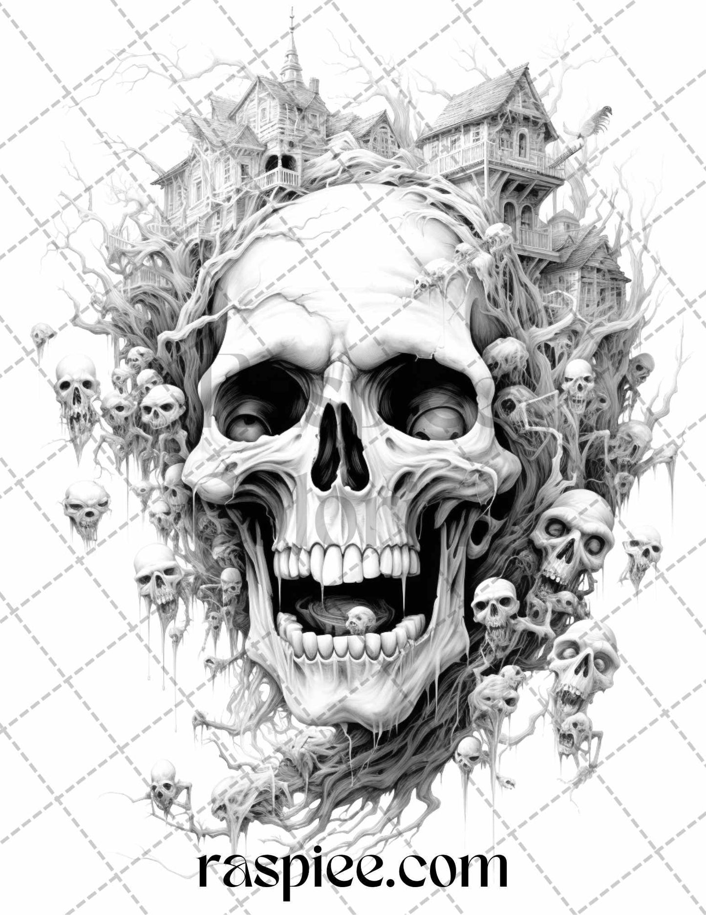 60 Halloween Nightmare Grayscale Coloring Pages Printable for Adults, PDF File Instant Download