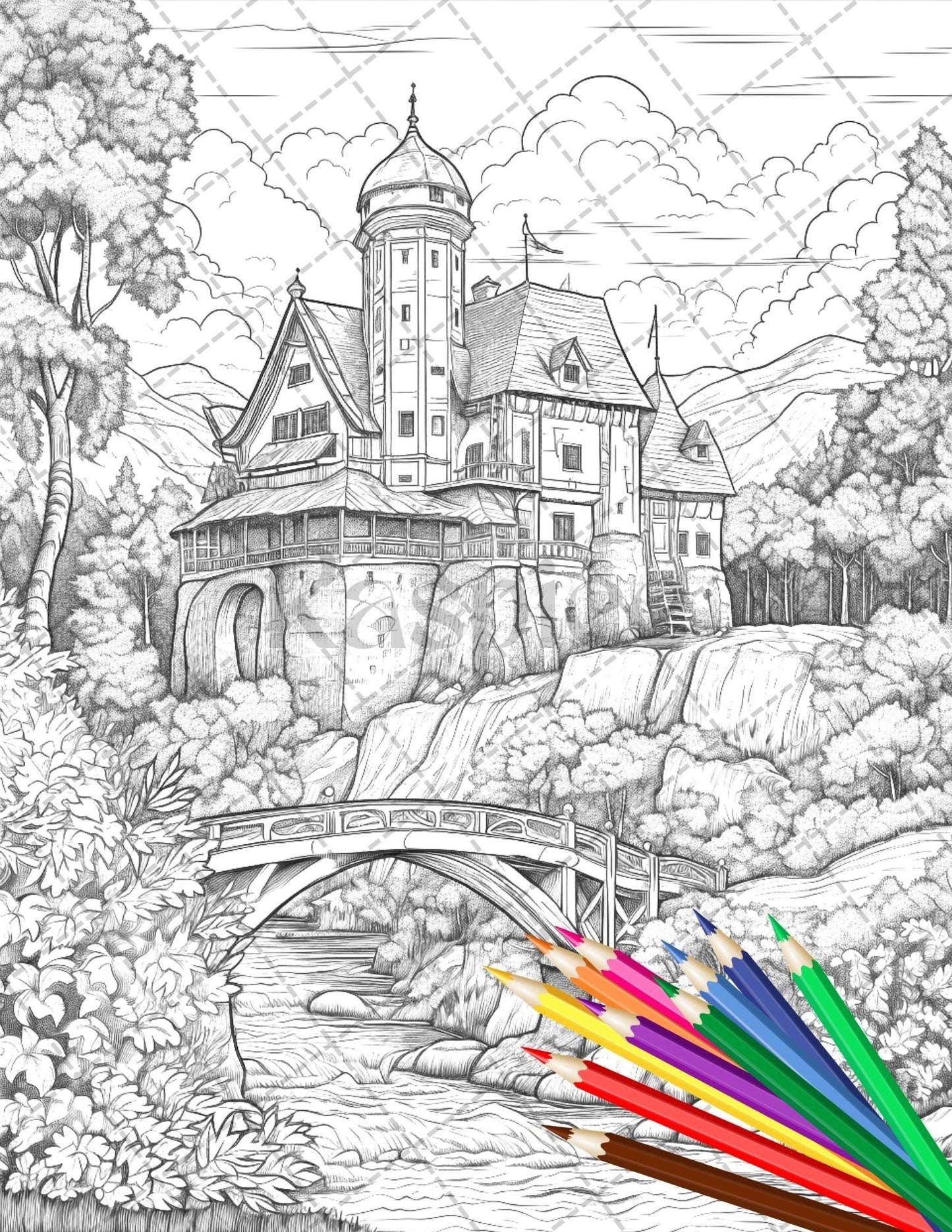 122 Fantasy Castles Coloring Book for Adults, Grayscale Coloring Page, Printable PDF Instant Download