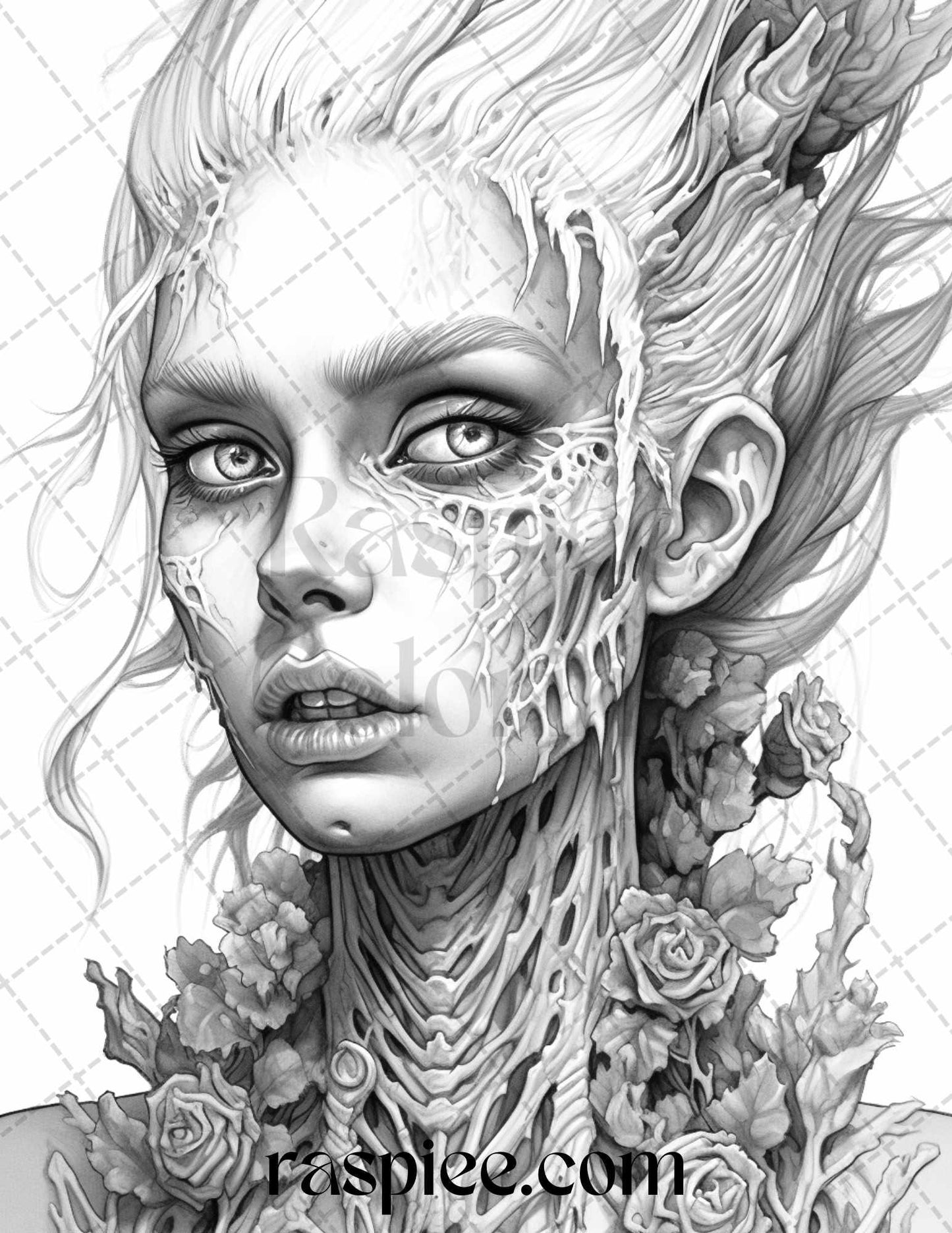 60 Halloween Zombie Fairy Grayscale Coloring Pages Printable for Adults, PDF File Instant Download