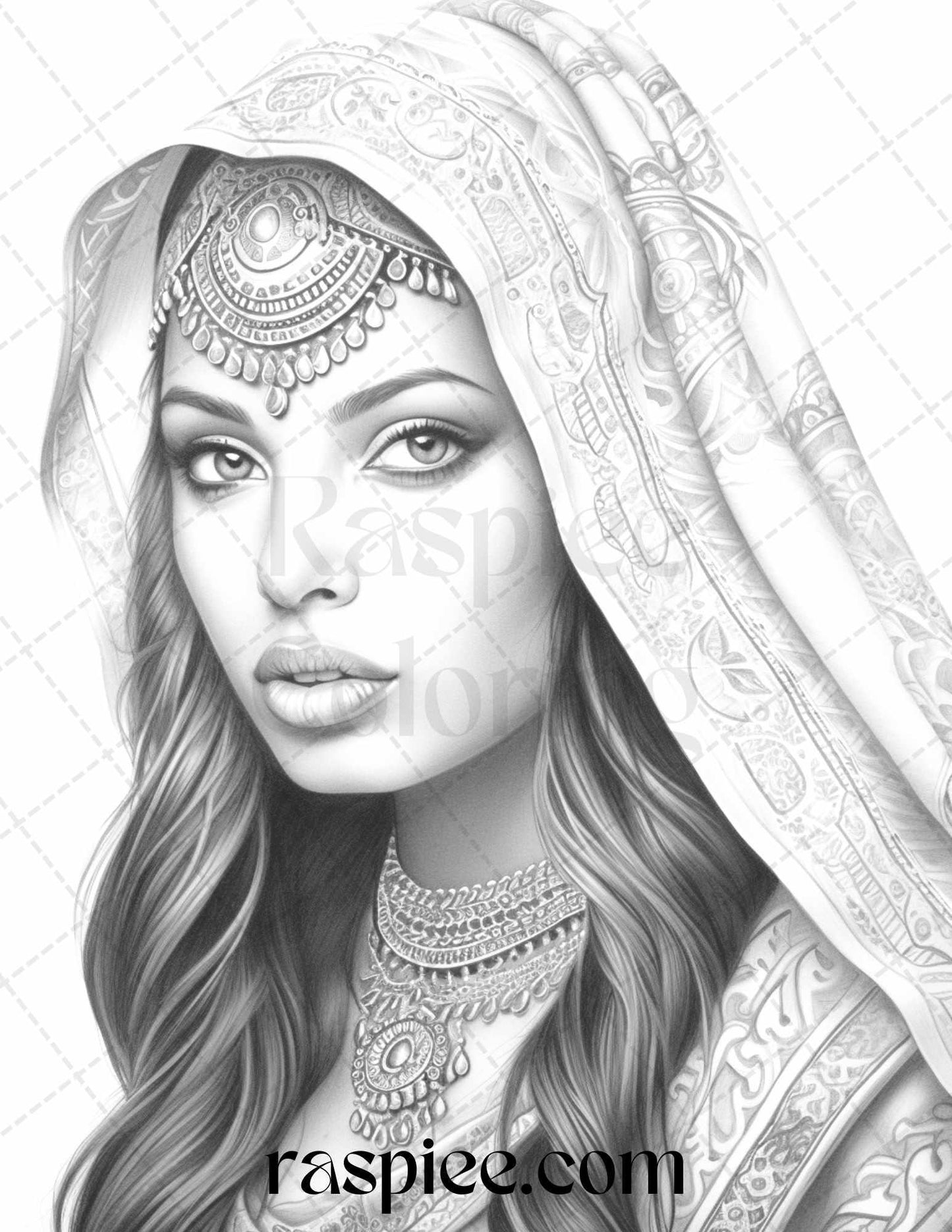 50 Beautiful Indian Women Grayscale Coloring Pages for Adults, Printable PDF File Instant Download