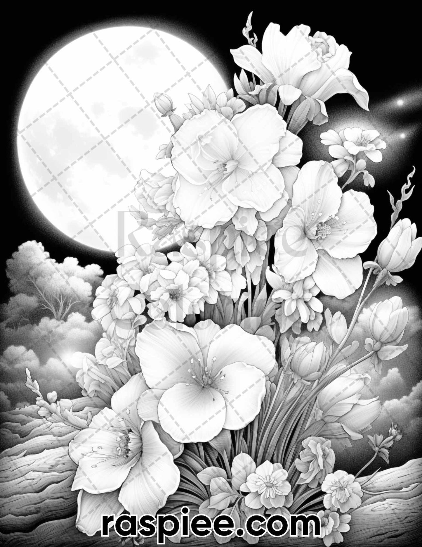 50 Flowers Under Moonlight Grayscale Coloring Pages for Adults, Printable PDF Instant Download