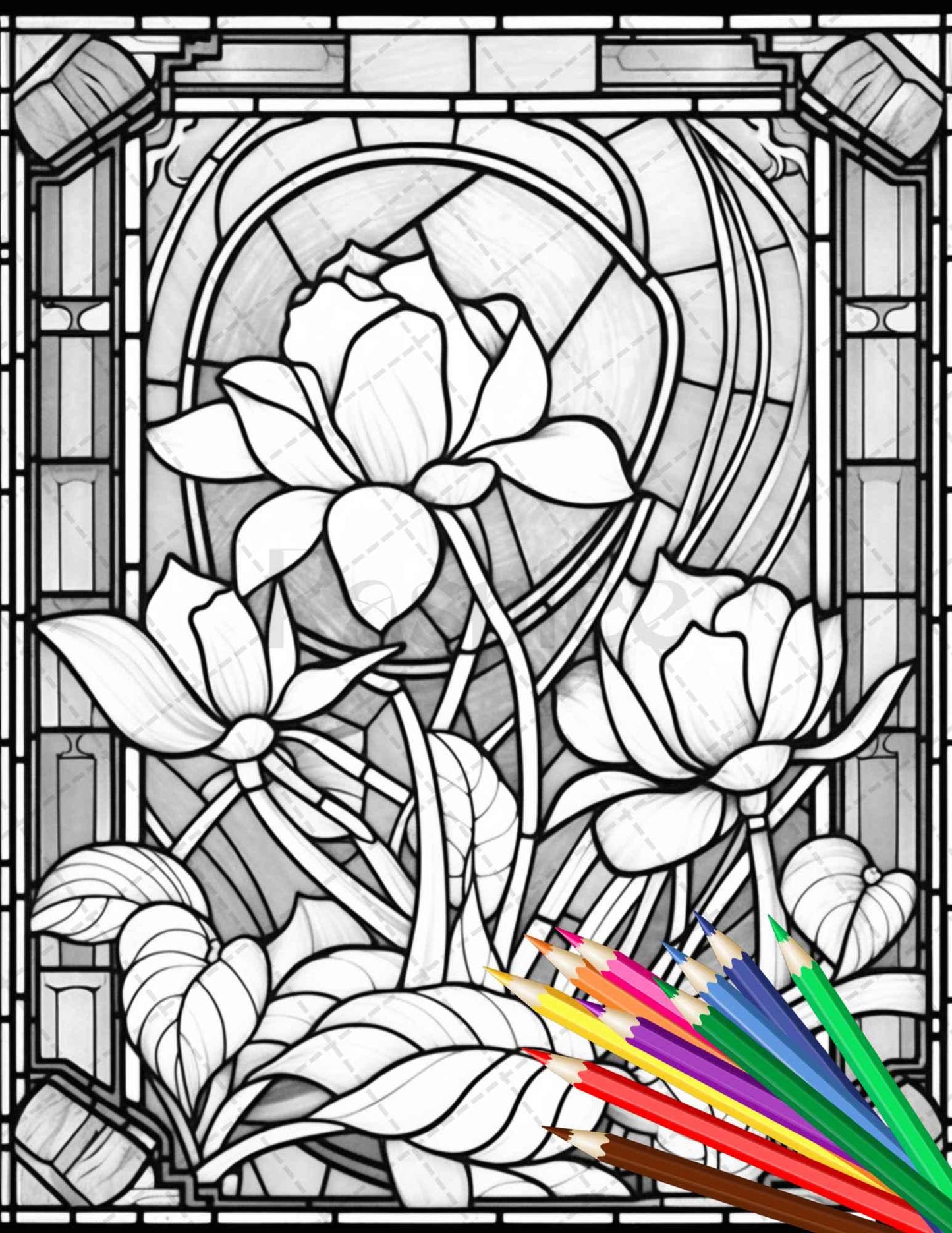 30 Stained Glass Flowers Grayscale Coloring Pages Printable for Adults, PDF File Instant Download
