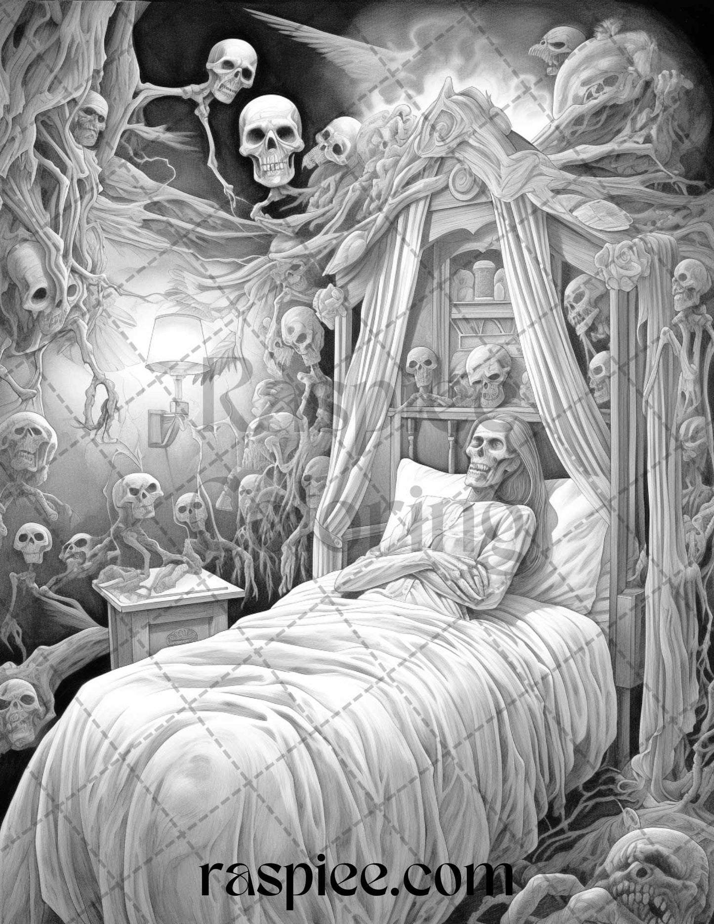 60 Halloween Nightmare Grayscale Coloring Pages Printable for Adults, PDF File Instant Download