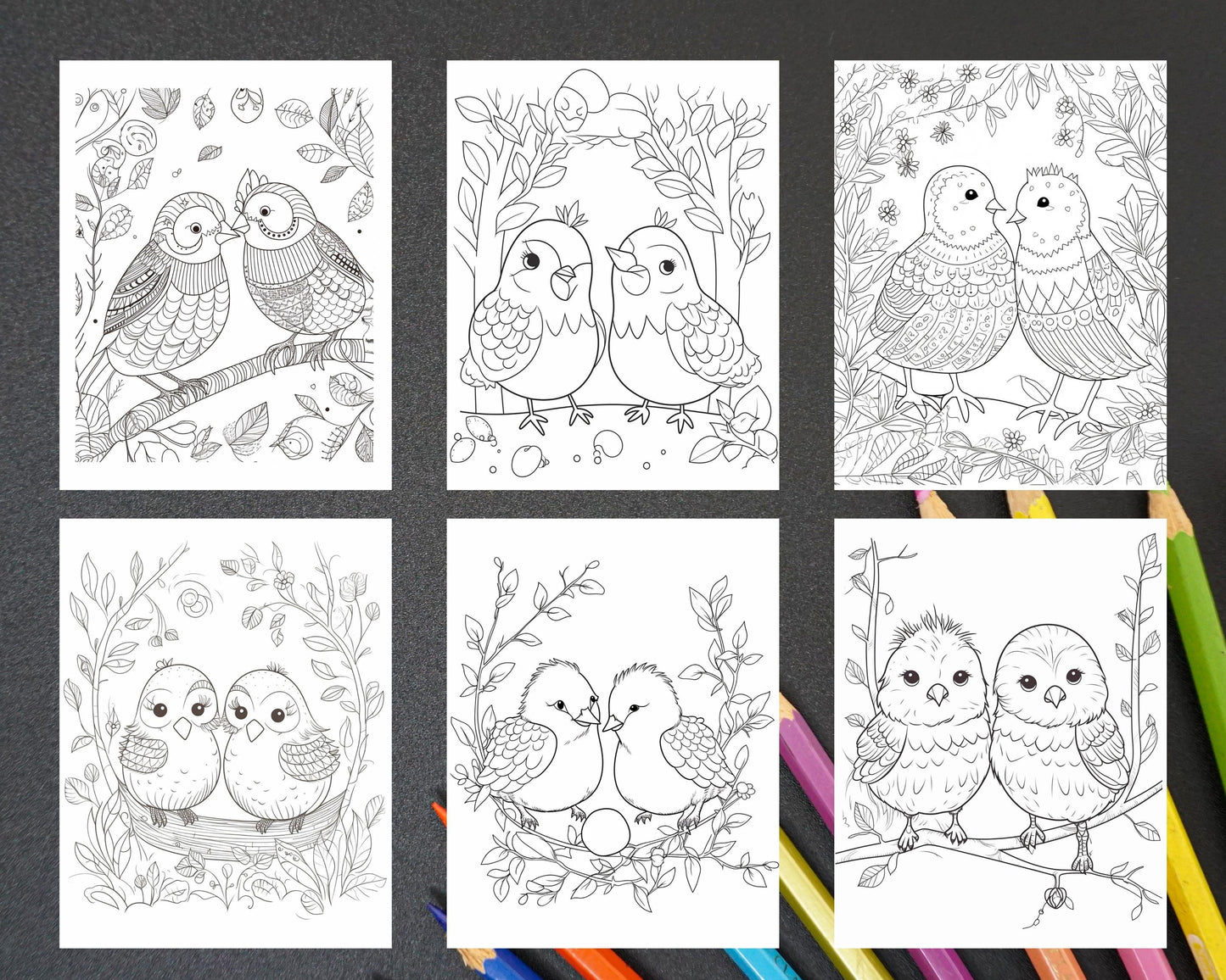 57 Printable Cute Bird Love Coloring Pages for Adults & Kids, Printable PDF File Instant Download