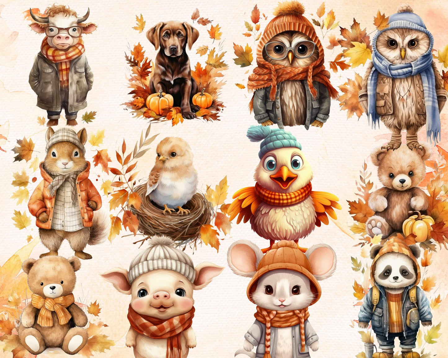 100+ PNG Watercolor Autumn Animal Clipart Bundle, Fall Season Iluustrations