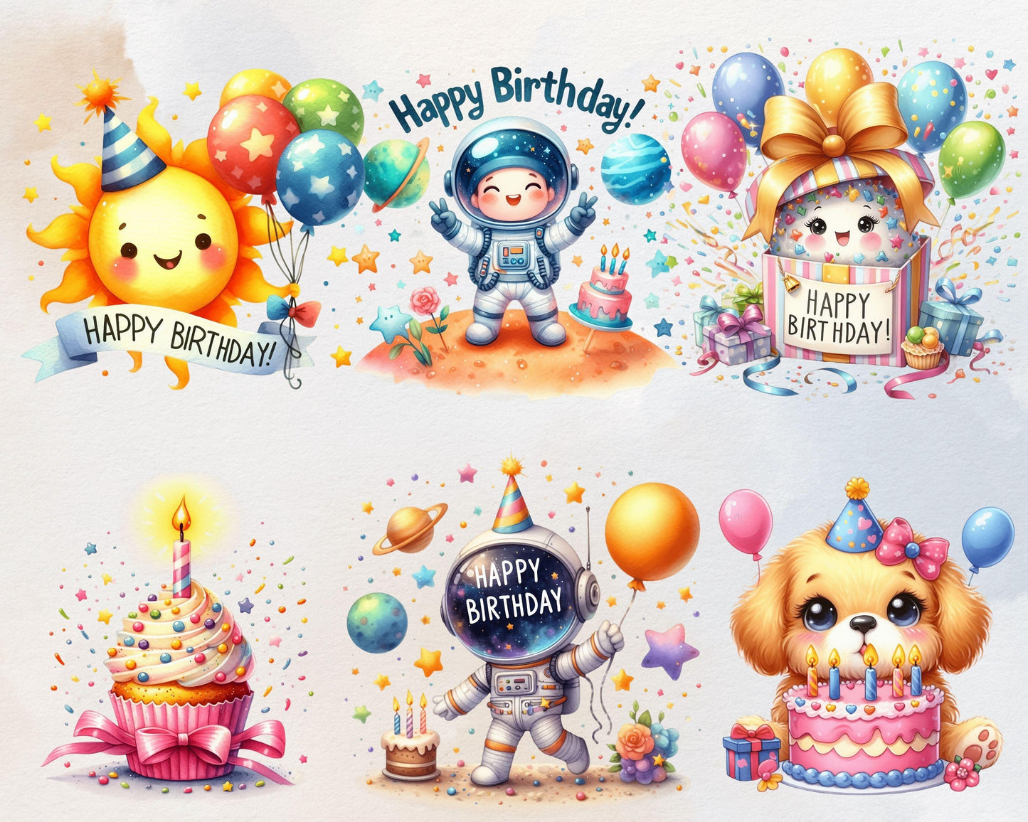 Watercolor Happy Birthday Clipart Bundle, 70 PNG High-Res Files for DIY Projects and Commercial Use