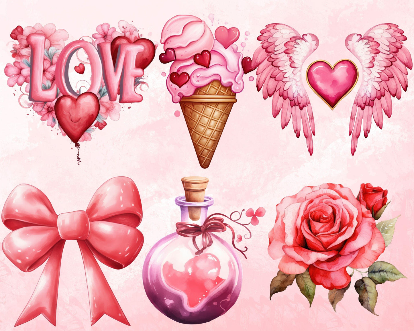 Romantic Watercolor Valentine's Day Clipart Bundle, 73 PNG High-Res Files for Commercial Use