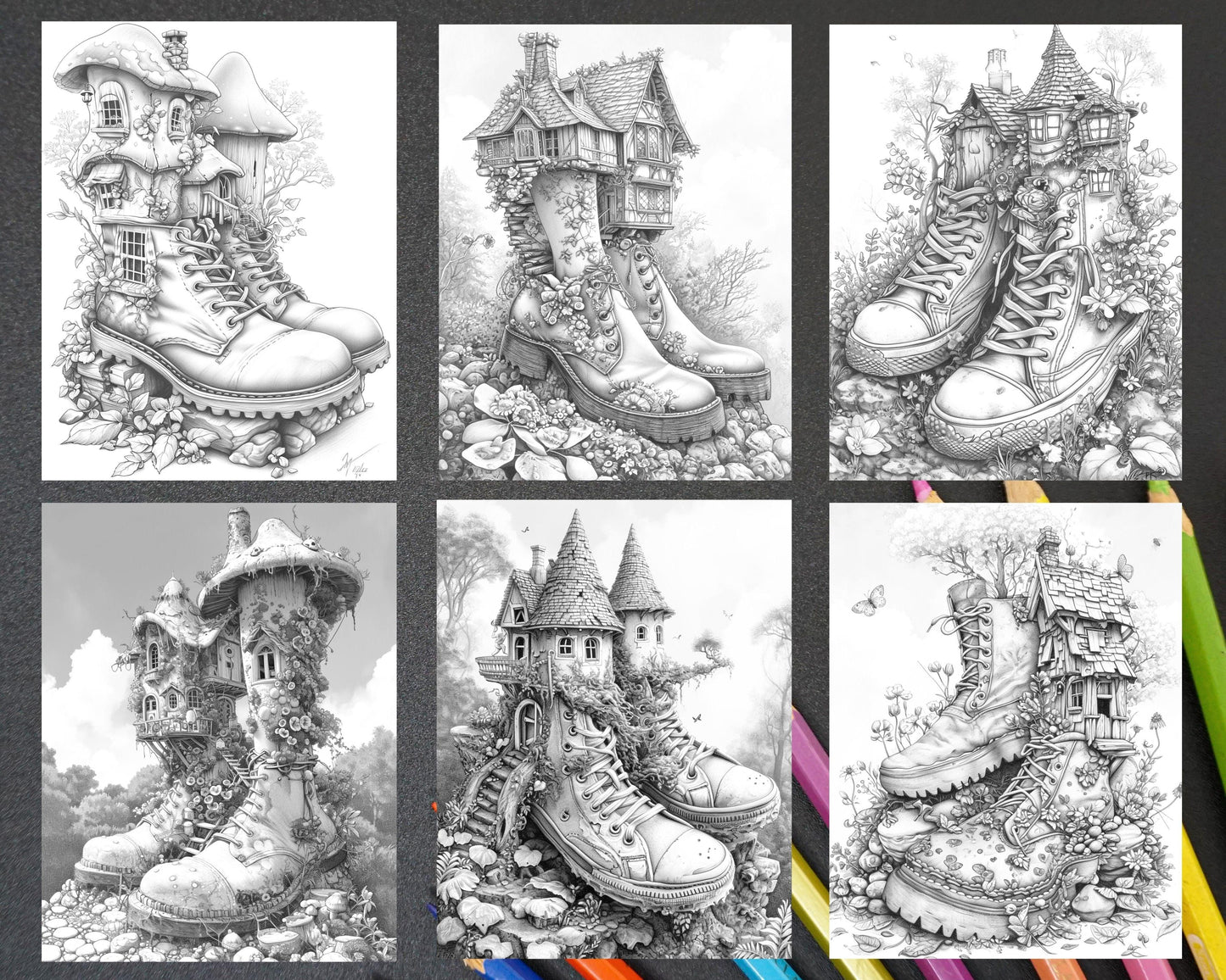 80 Fantasy Shoe House Grayscale Adult Coloring Pages, Printable PDF Instant Download
