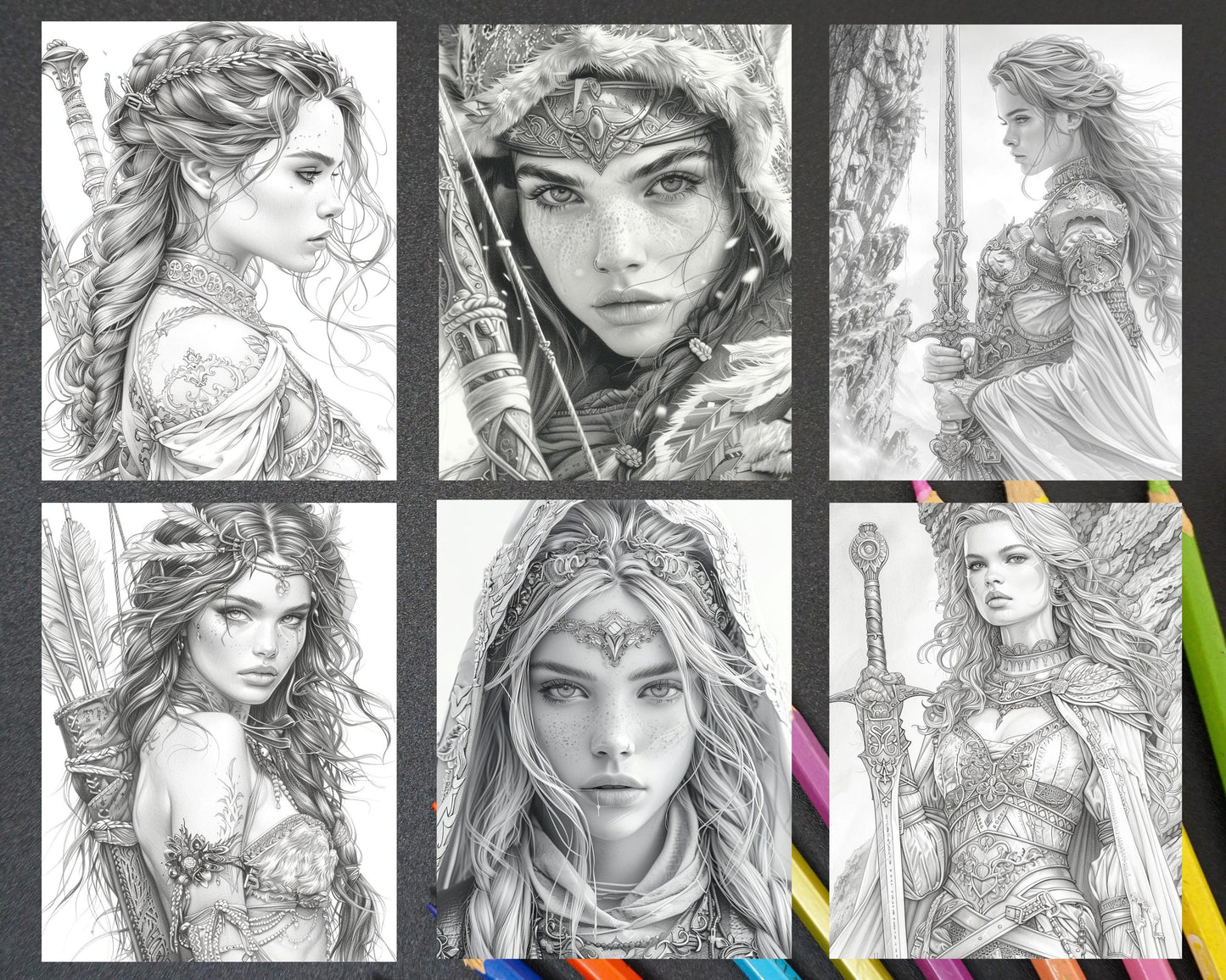 60 Beautiful Warriors Grayscale Adult Coloring Pages, Printable PDF Instant Download