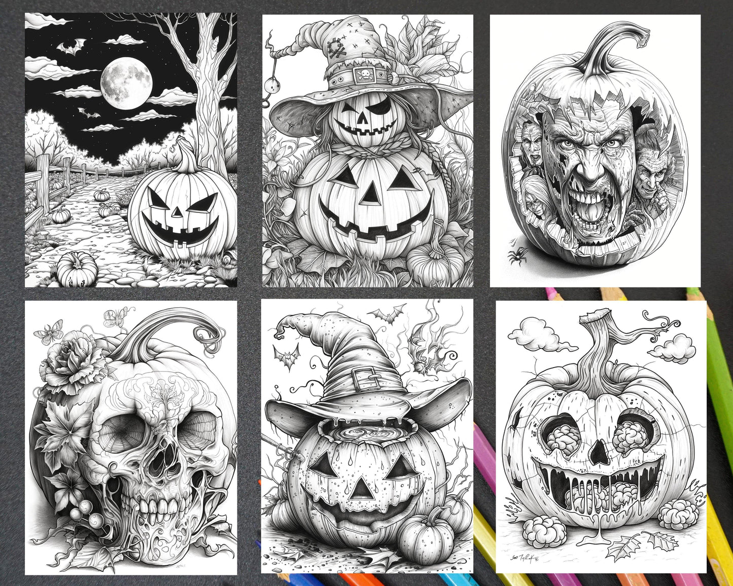 Spooky Pumpkin Halloween Adult Coloring Pages Printable PDF Instant Download