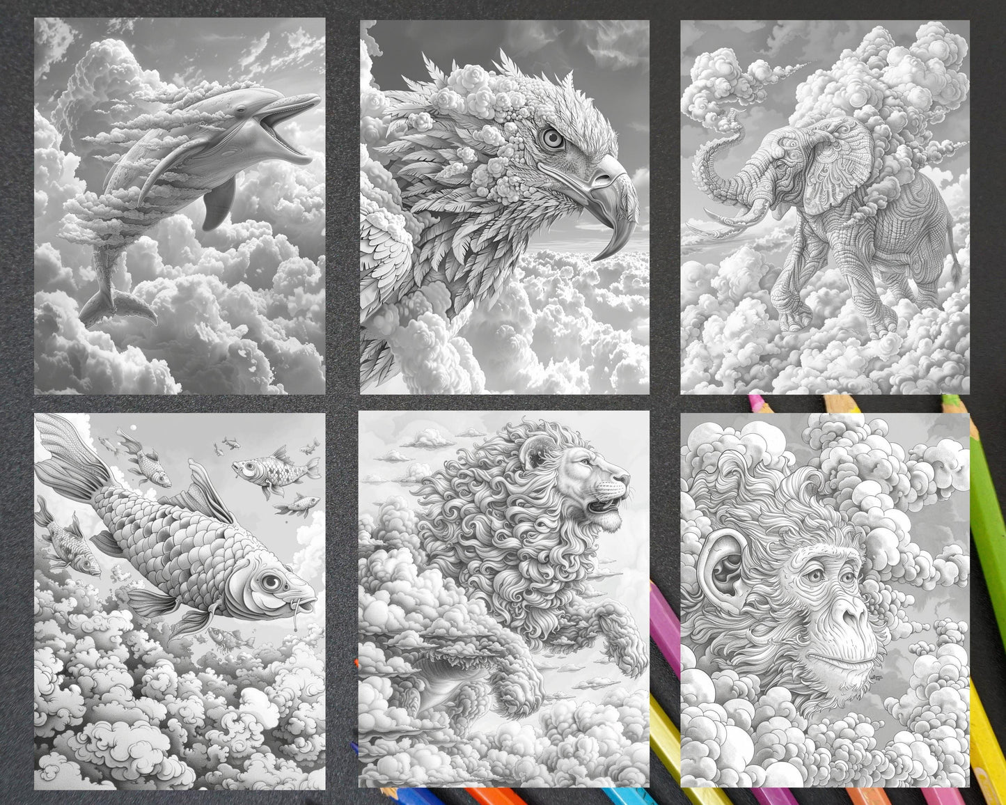 80 Fantasy Animal Cloud Grayscale Adult Coloring Pages, Printable PDF Instant Download