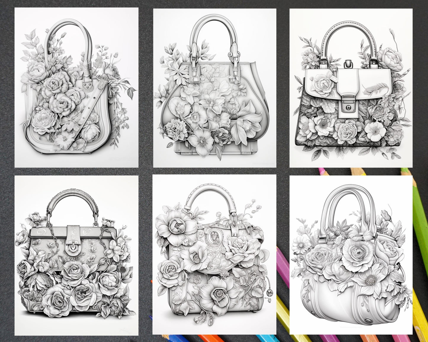 50 Floral Handbags Grayscale Coloring Pages for Adults, Printable PDF Instant Download