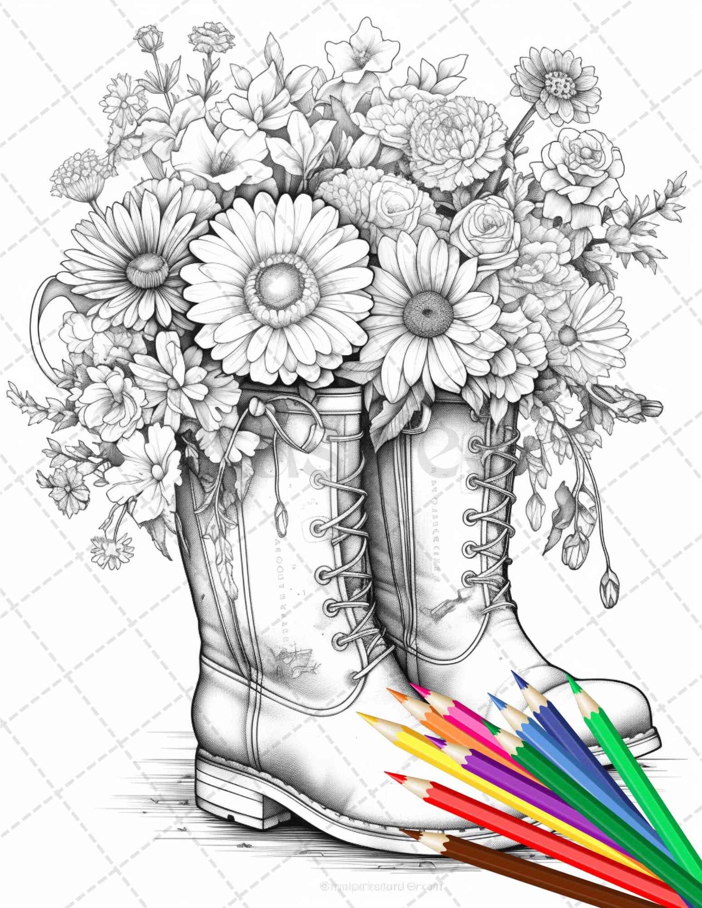 32 Flower Boots Coloring Pages Printable for Adults, Floral Grayscale Coloring Page, PDF File Instant Download
