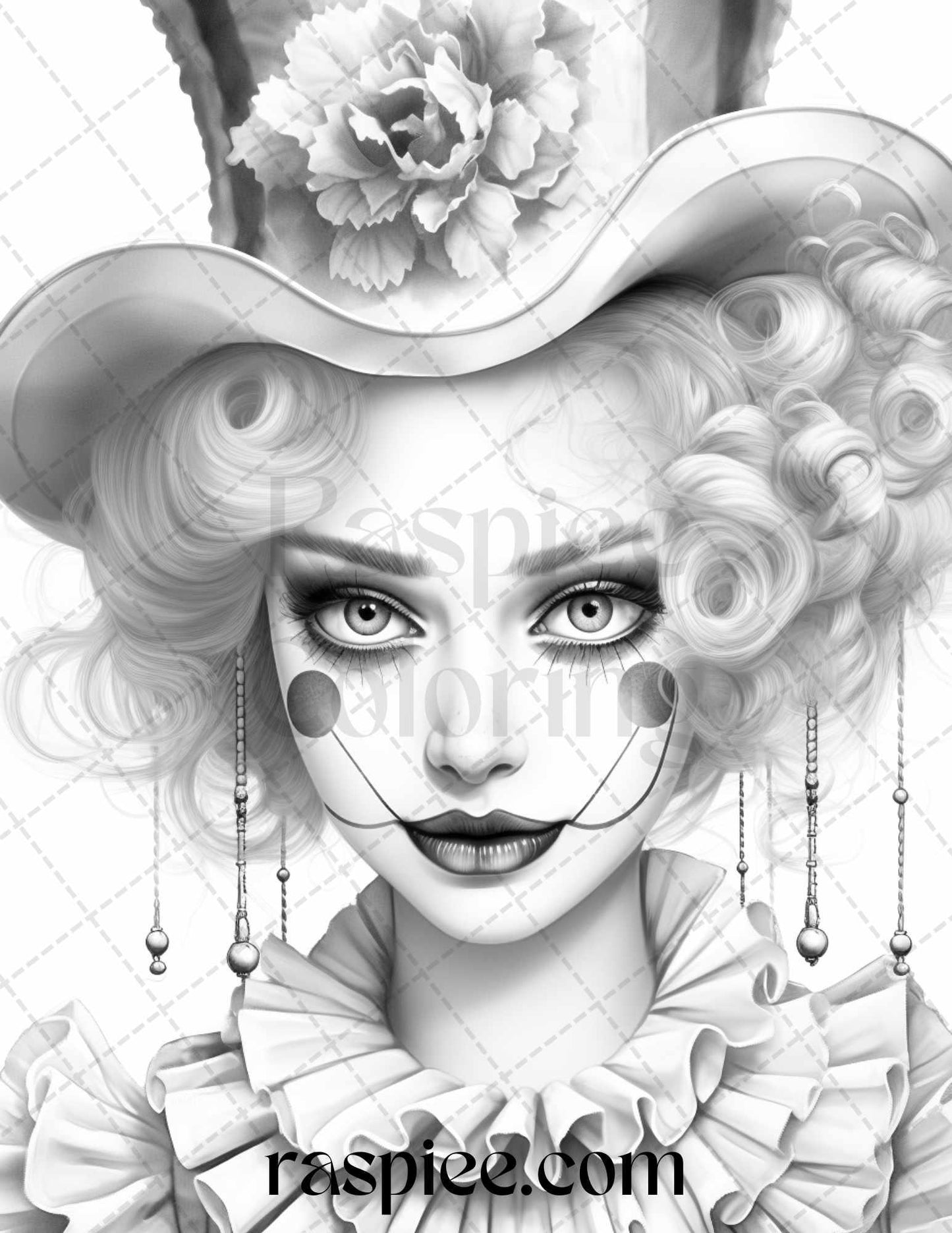42 Beautiful Clown Girls Grayscale Coloring Pages Printable for Adults, PDF File Instant Download