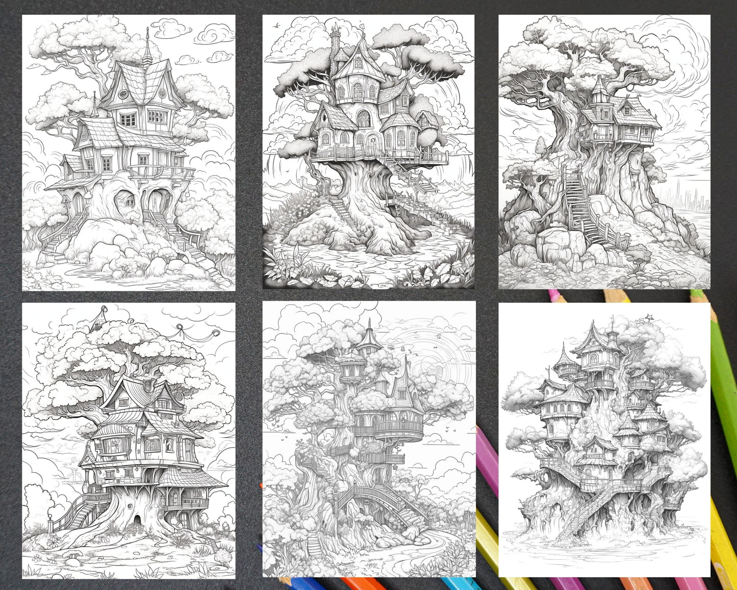 110 Enchanted Treehouse Coloring Book Printable for Adults, Grayscale Coloring Page, PDF File Instant Download