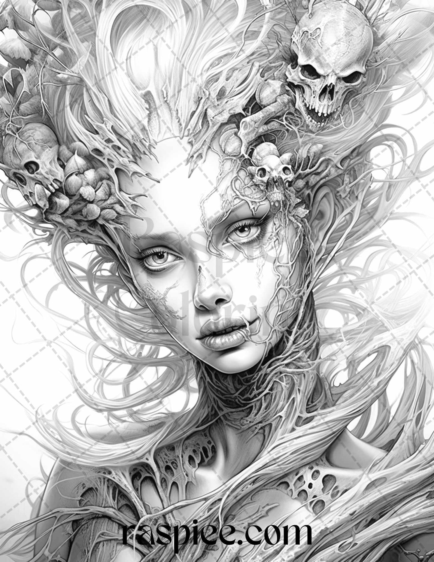 60 Halloween Zombie Fairy Grayscale Coloring Pages Printable for Adults, PDF File Instant Download