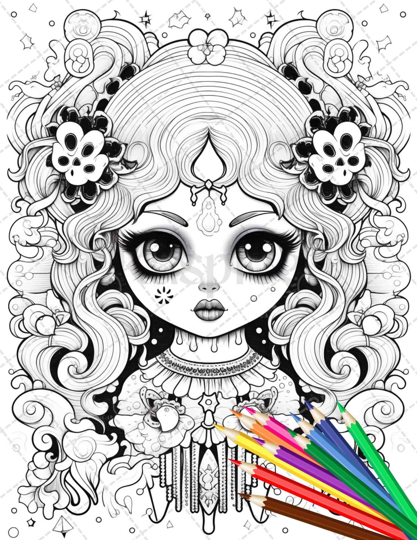 32 Creepy Kawaii Pastel Goth Coloring Pages Printable for Adults, Grayscale Coloring Page, PDF File Instant Download