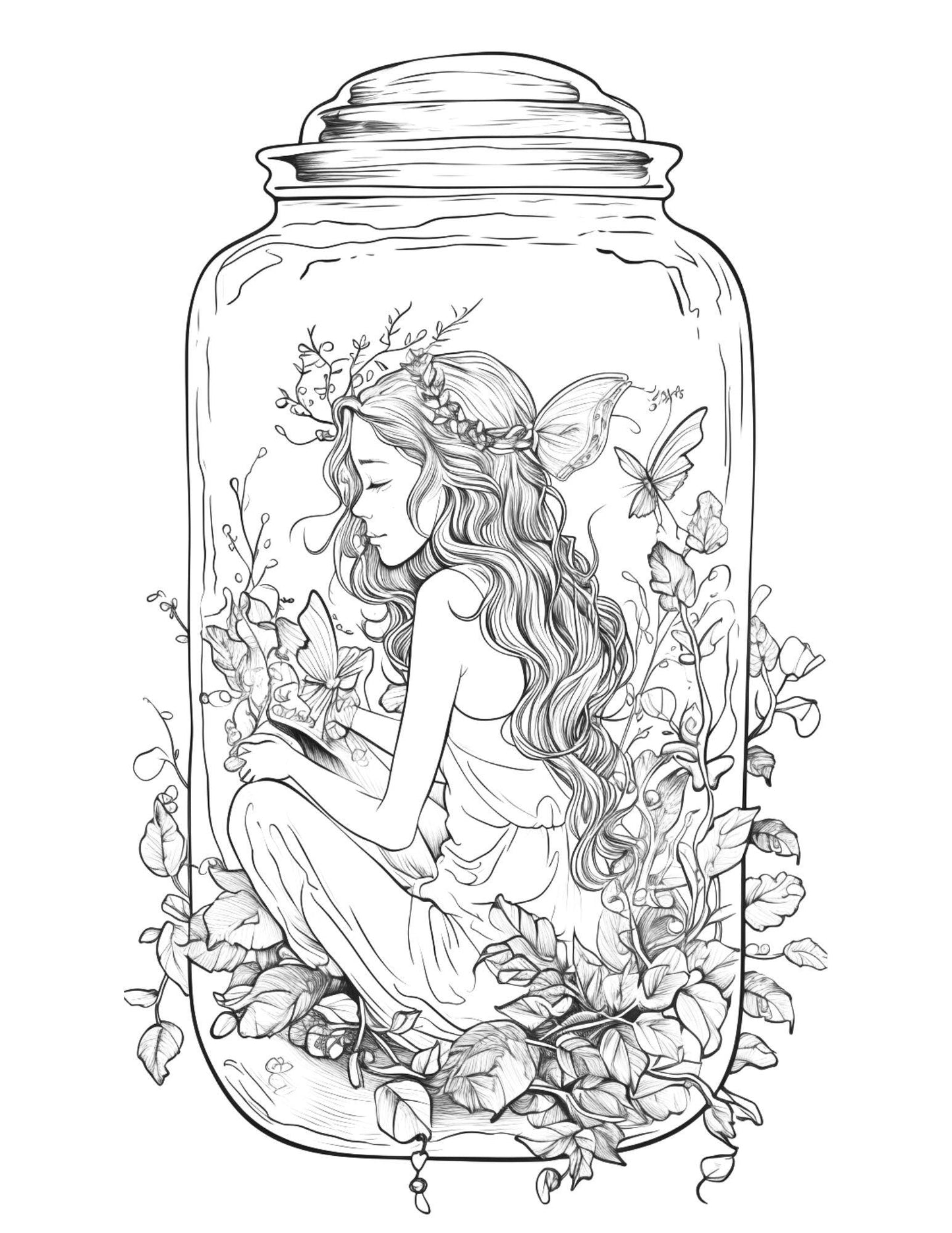 Fairy Girl in Jar Coloring Pages for Adults, Free Printable PDF Instant Download