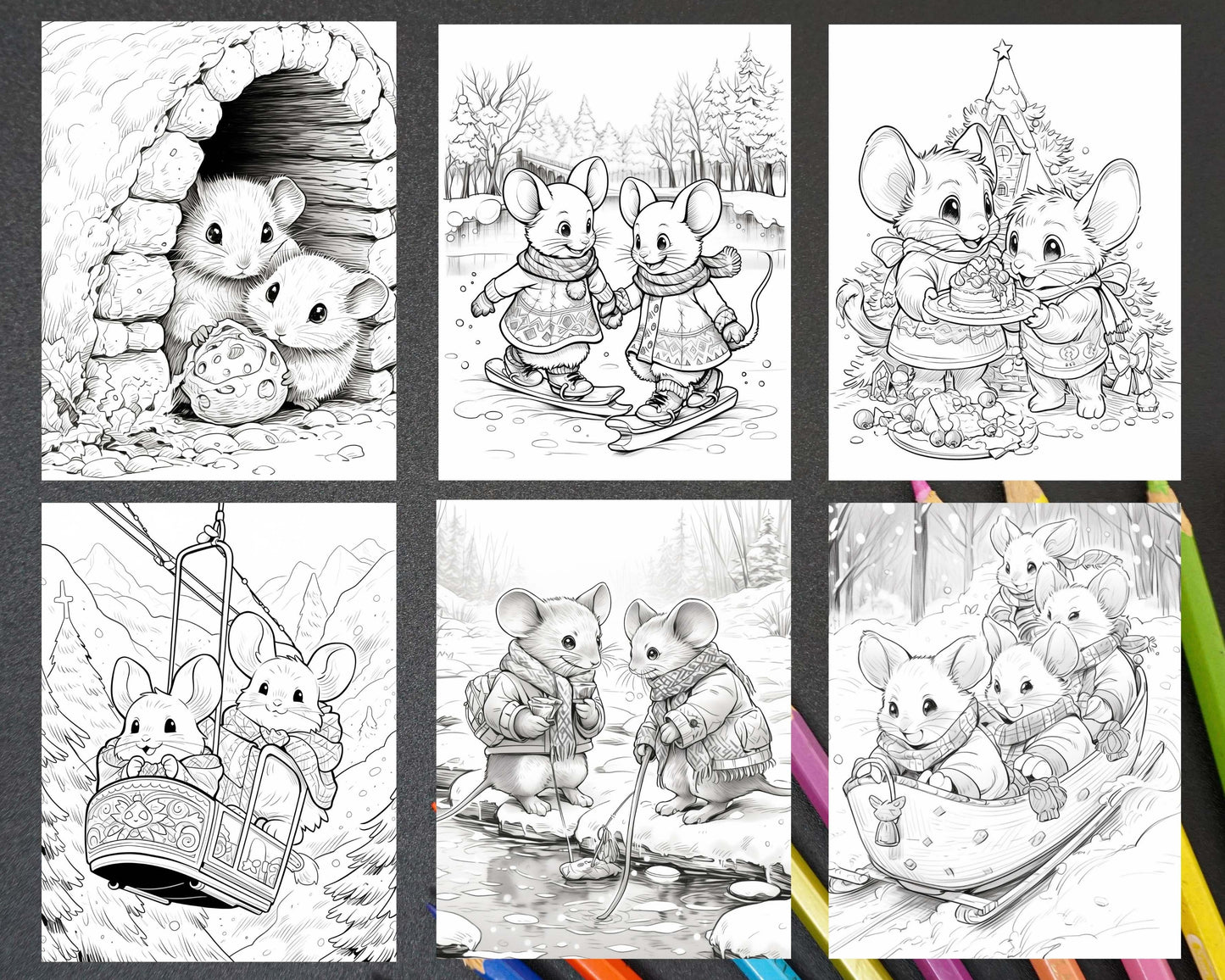 64 Christmas Mice Grayscale Coloring Pages for Adults, Printable PDF Instant Download