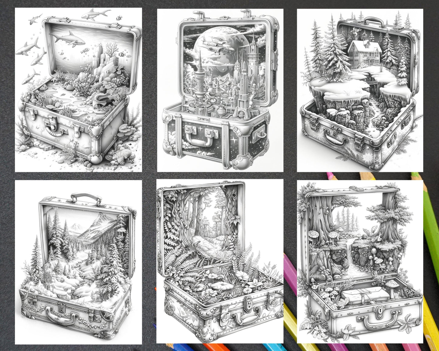 67 Worlds in a Suitcase Grayscale Adult Coloring Pages, Printable PDF Instant Download