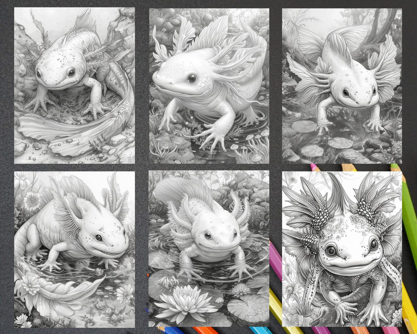 55 Fantasy Alien Axolotl Grayscale Adult Coloring Pages, Printable PDF Instant Download