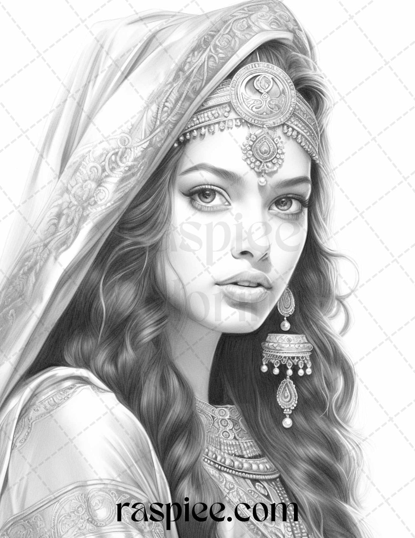 50 Beautiful Indian Women Grayscale Coloring Pages for Adults, Printable PDF File Instant Download