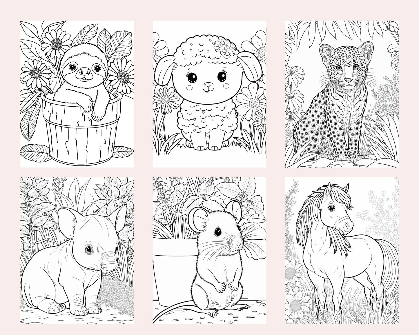 60 Cute Animals Printable Coloring Pages for Kids, Printable PDF File Instant Download