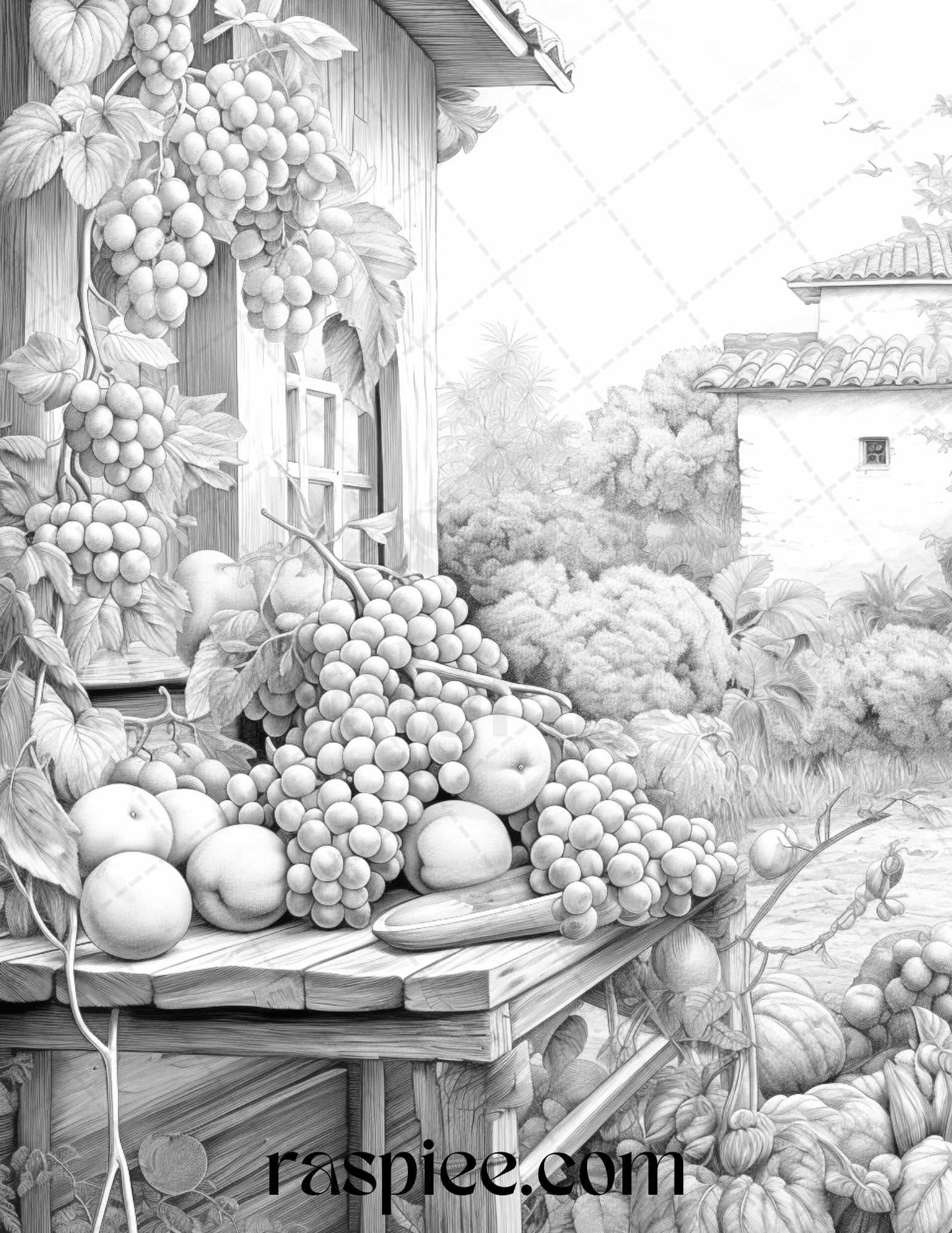 Relaxing Fruit Garden Grayscale Coloring Pages Printable for Adults, PDF File Instant Download