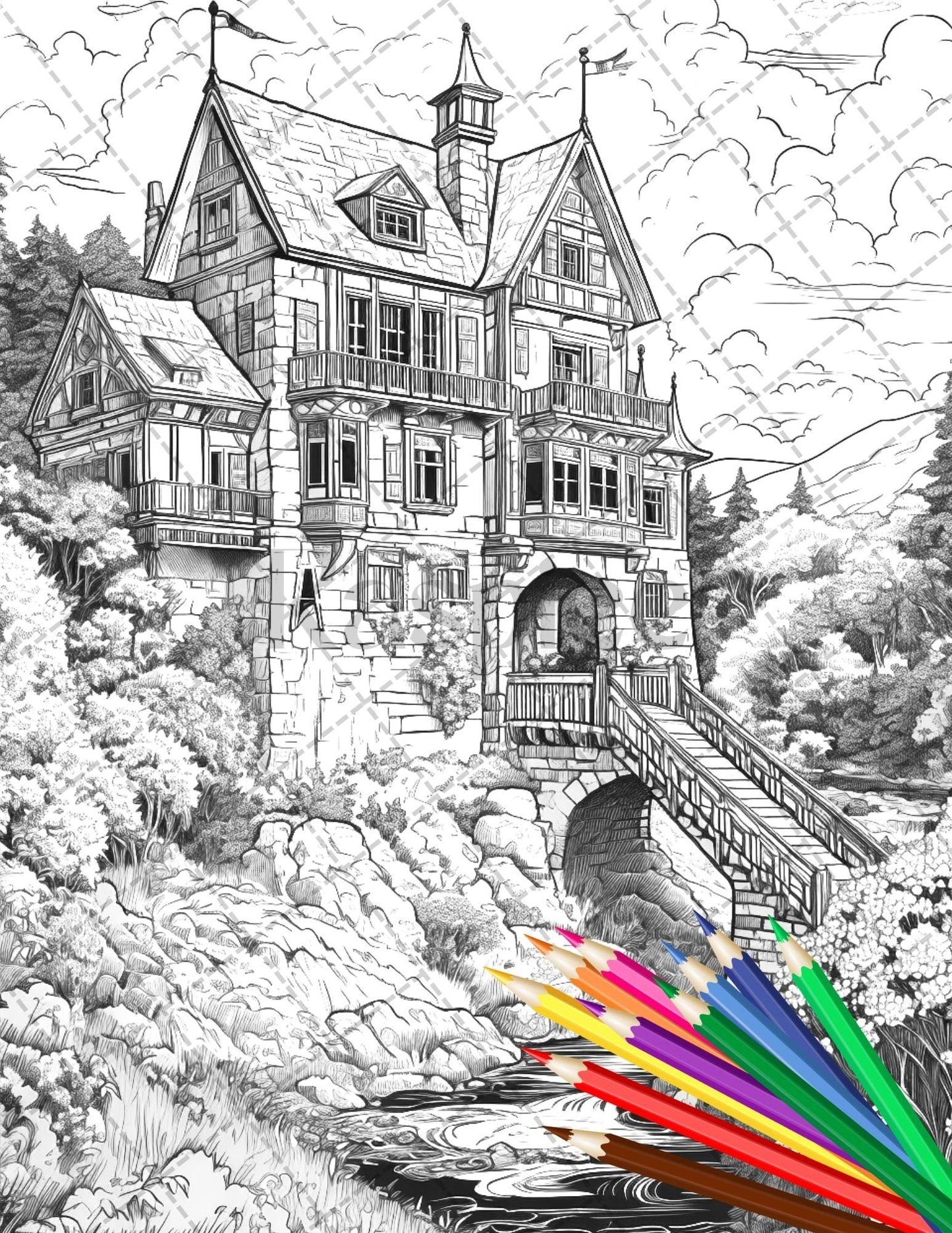 122 Fantasy Castles Coloring Book for Adults, Grayscale Coloring Page, Printable PDF Instant Download
