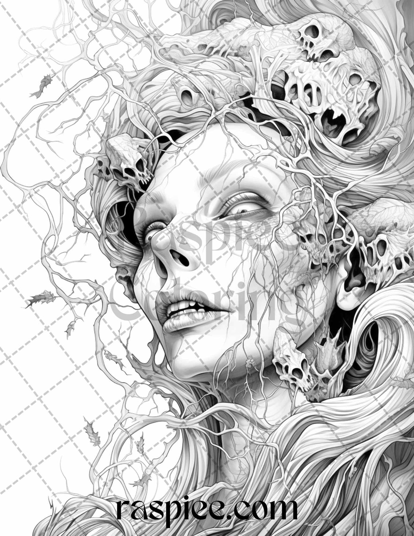 60 Halloween Nightmare Grayscale Coloring Pages Printable for Adults, PDF File Instant Download