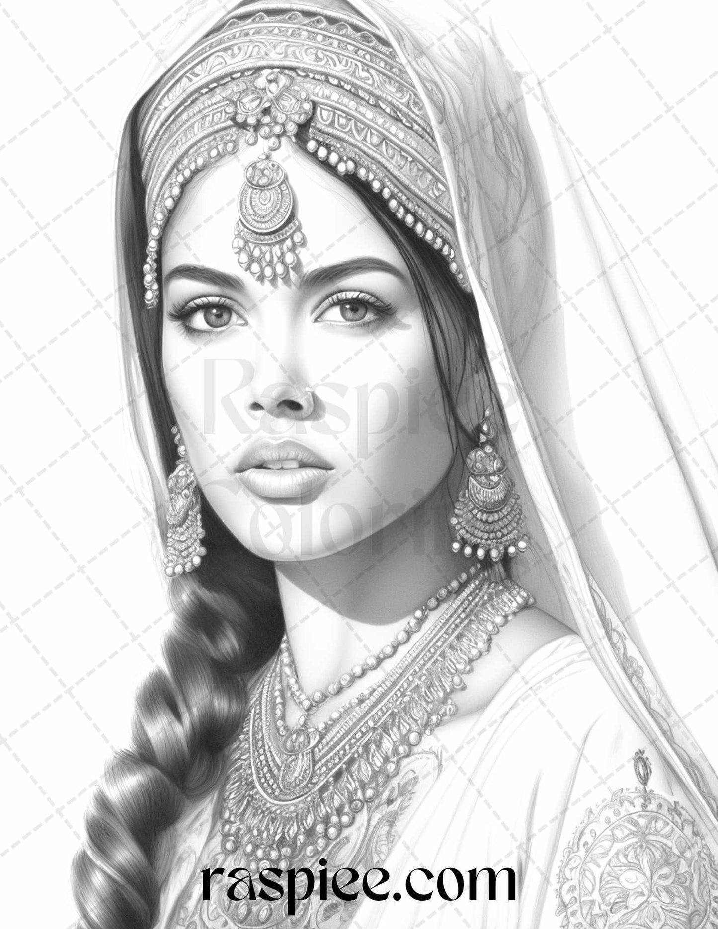 50 Beautiful Indian Women Grayscale Coloring Pages for Adults, Printable PDF File Instant Download