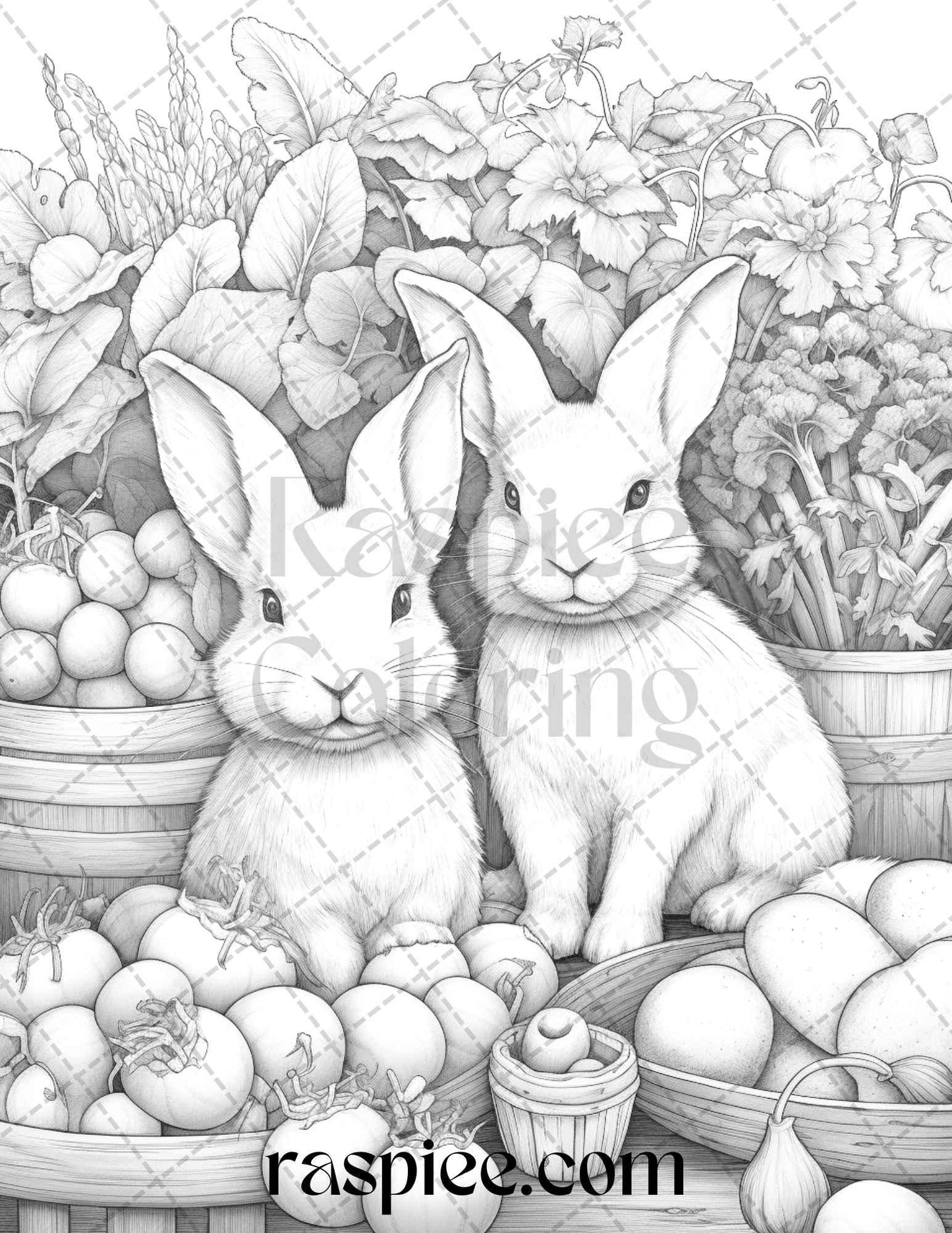 50 Rabbit Garden Grayscale Coloring Pages Printable for Adults, PDF File Instant Download