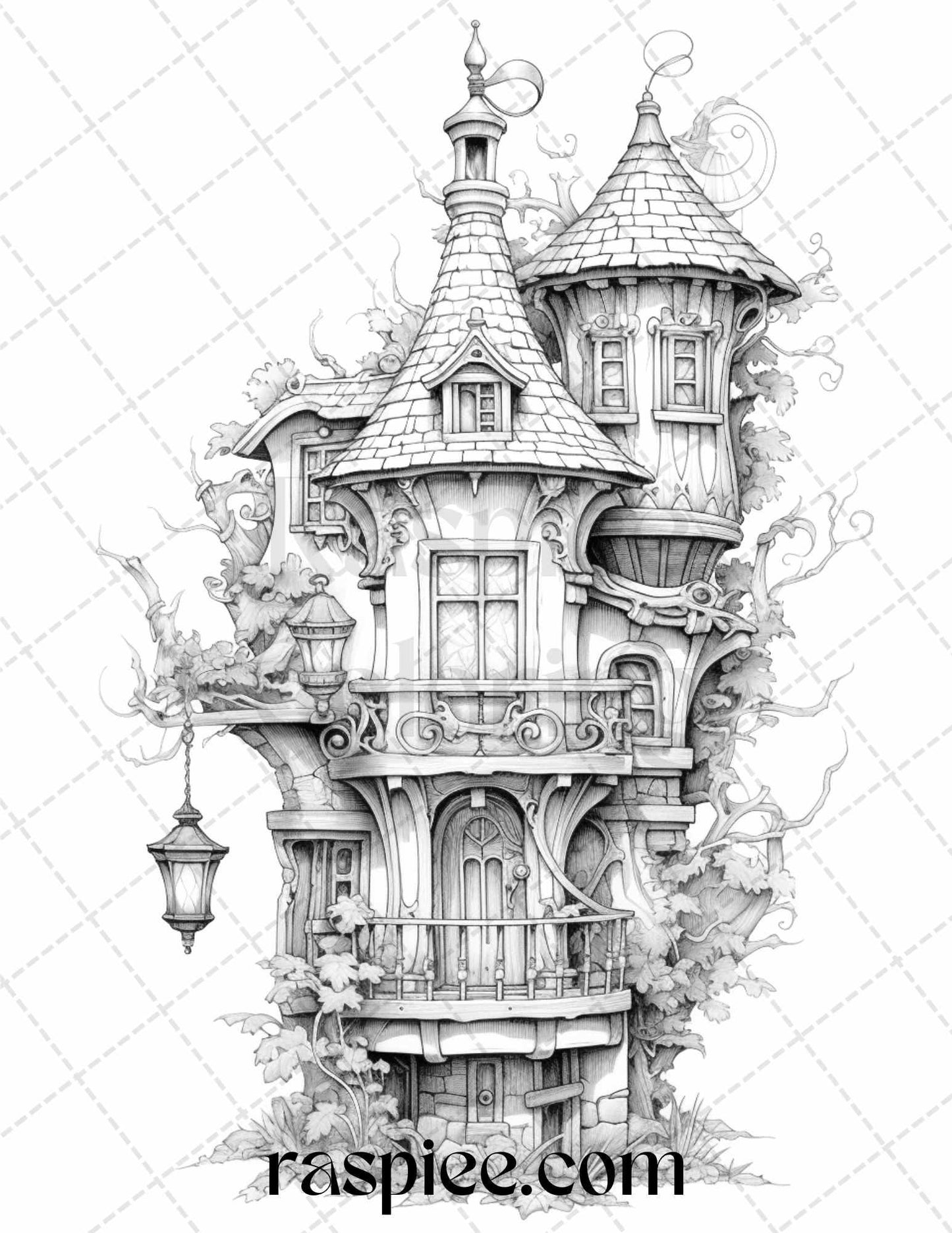 50 Lantern Fairy Houses Grayscale Coloring Pages Printable for Adults, PDF File Instant Download