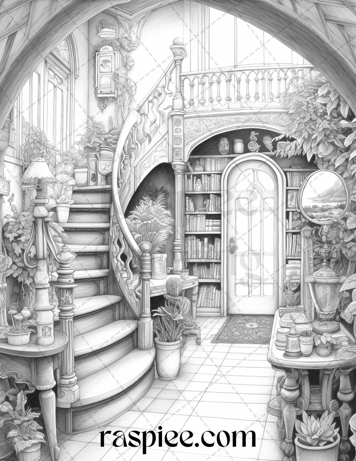 Fantasy Interior Grayscale Coloring Pages for Adults, Printable PDF File Instant Download