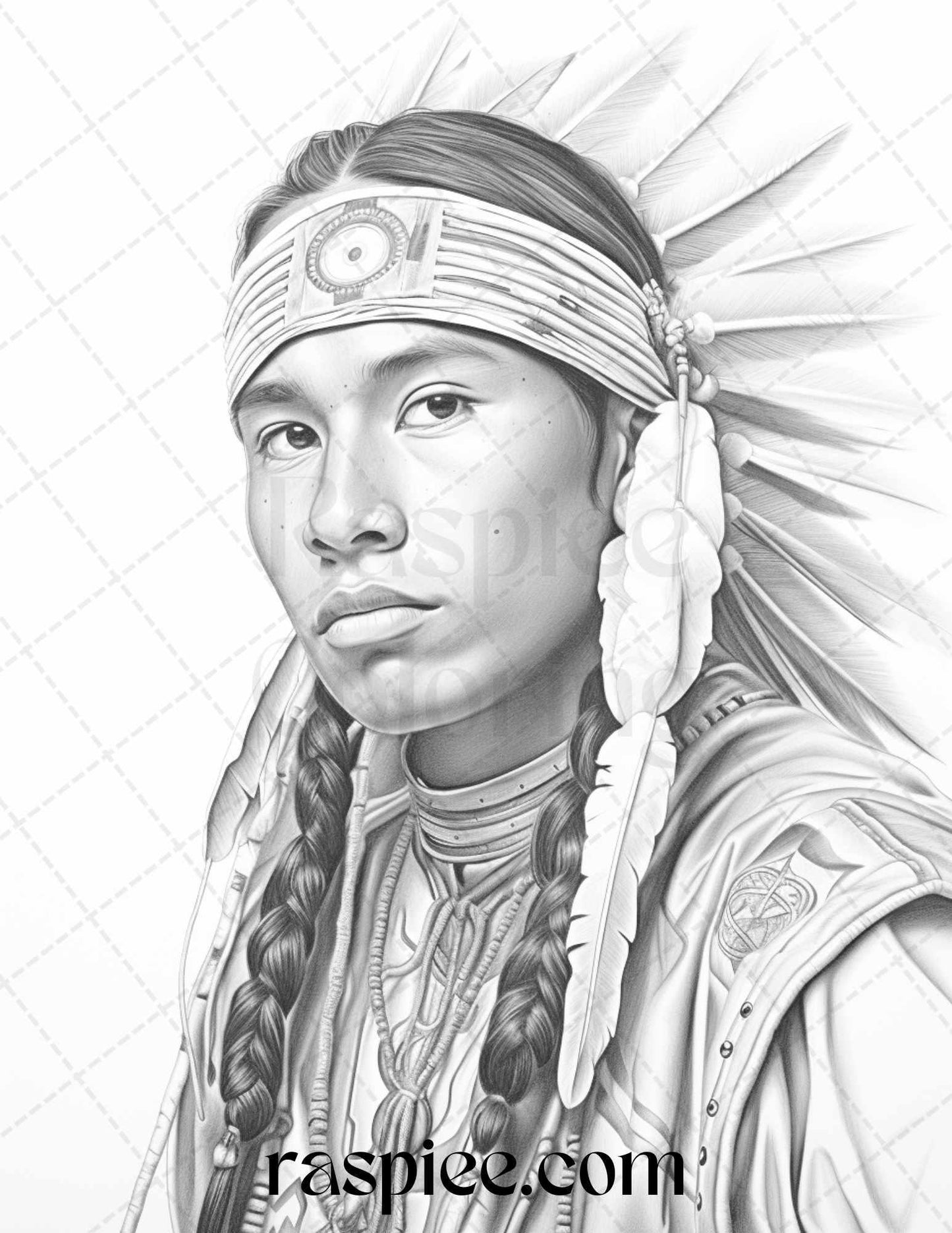 Native American Portrait Grayscale Coloring Pages Printable for Adults, PDF File Instant Download