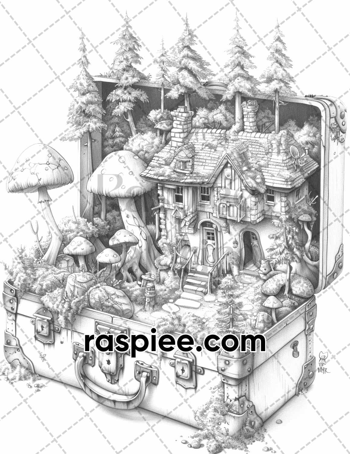 67 Worlds in a Suitcase Grayscale Adult Coloring Pages, Printable PDF Instant Download