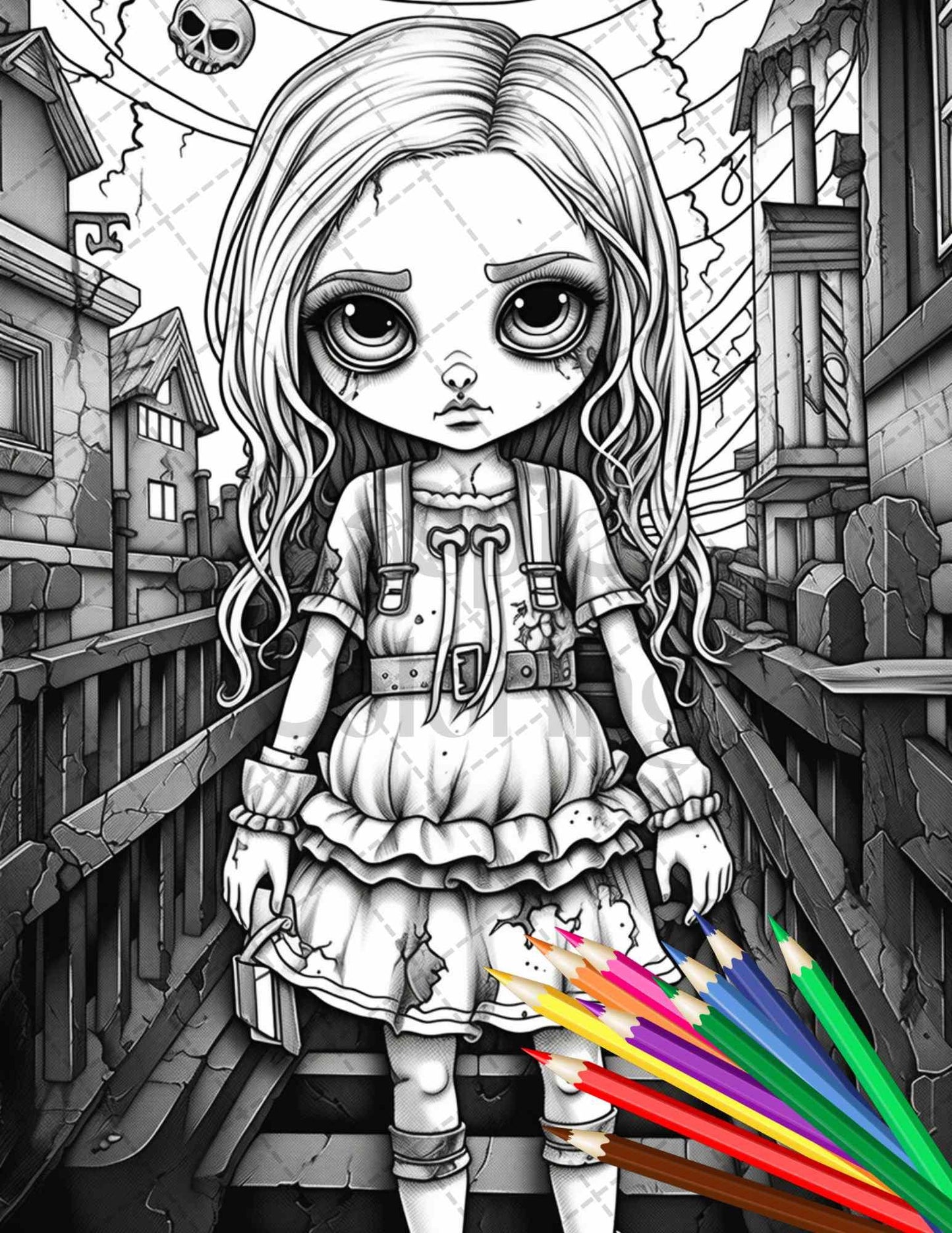 50 Ghoulish Girls Grayscale Coloring Pages Printable for Adults, PDF File Instant Download