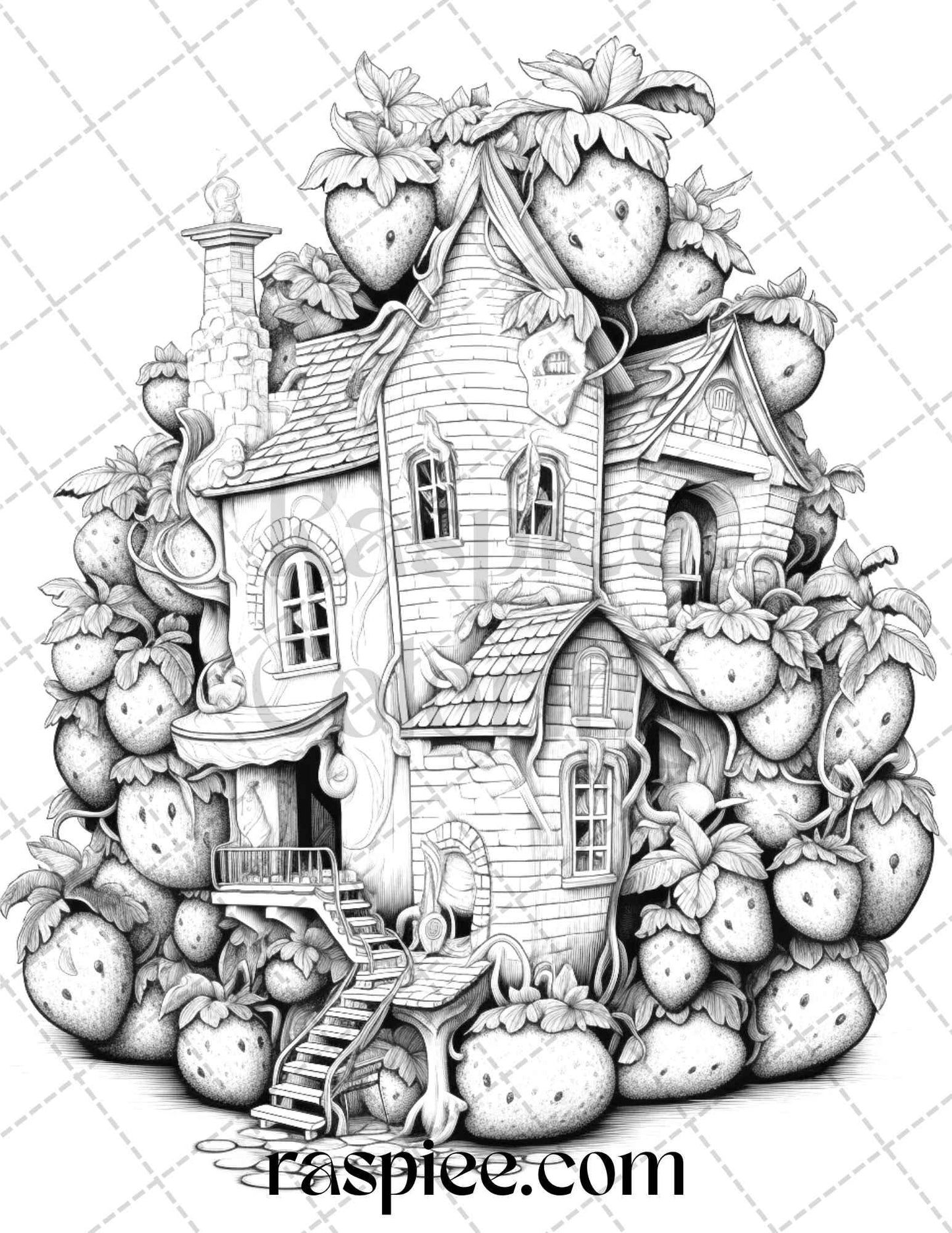 50 Strawberry Houses Grayscale Coloring Pages Printable for Adults Kids, PDF File Instant Download