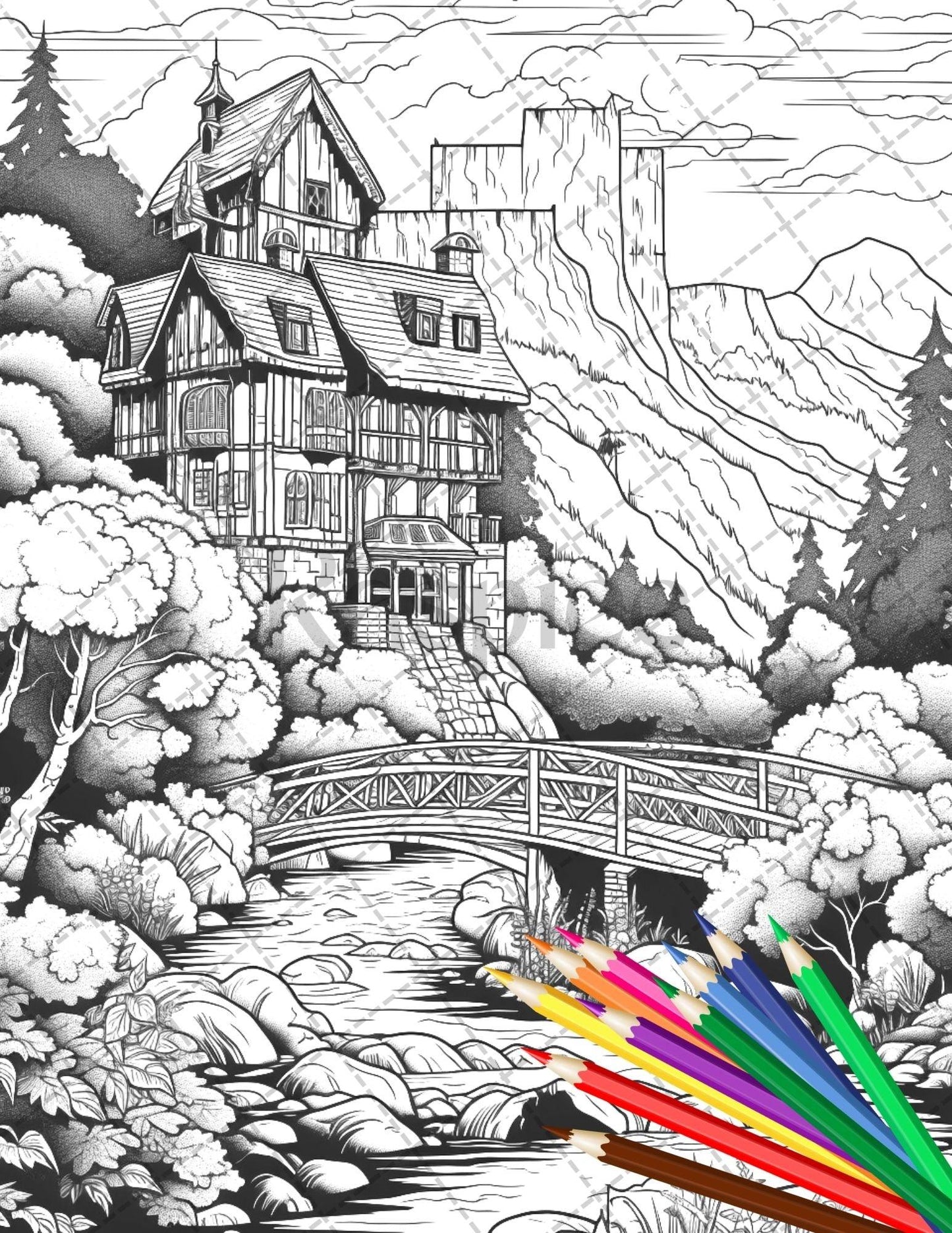 122 Fantasy Castles Coloring Book for Adults, Grayscale Coloring Page, Printable PDF Instant Download